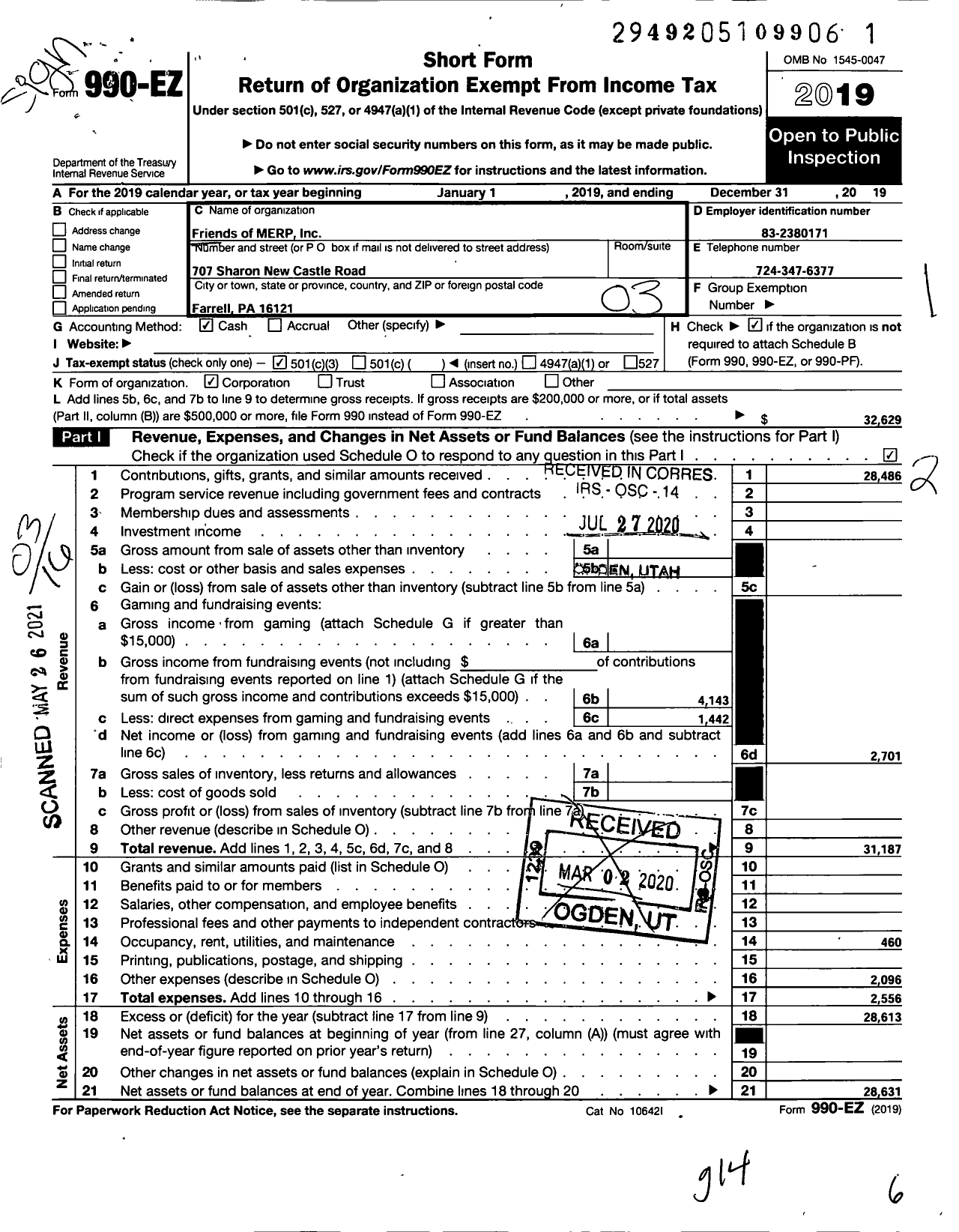 Image of first page of 2019 Form 990EZ for Friends of Merp