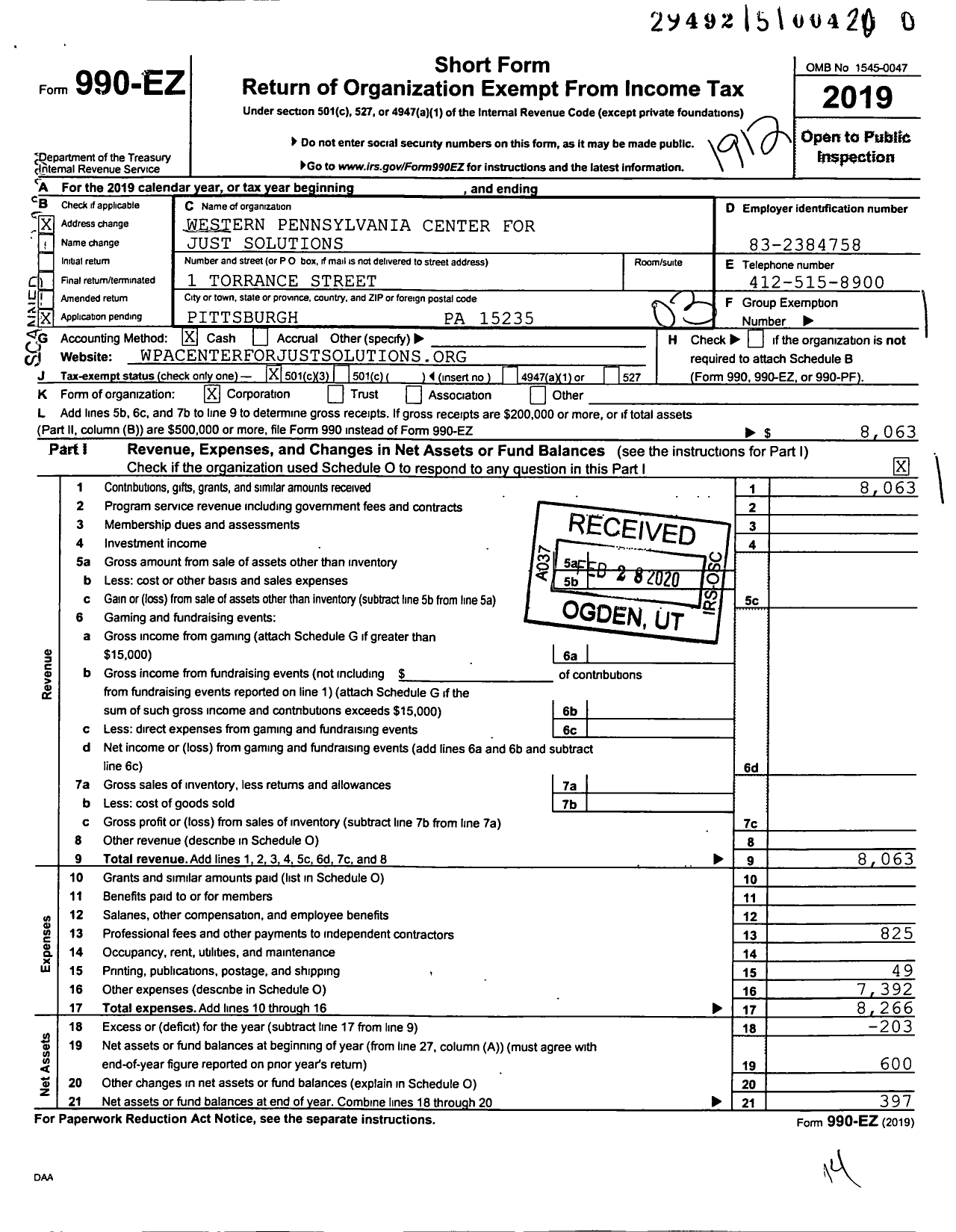 Image of first page of 2019 Form 990EZ for Western Pennsylvania Center for Just Solutions