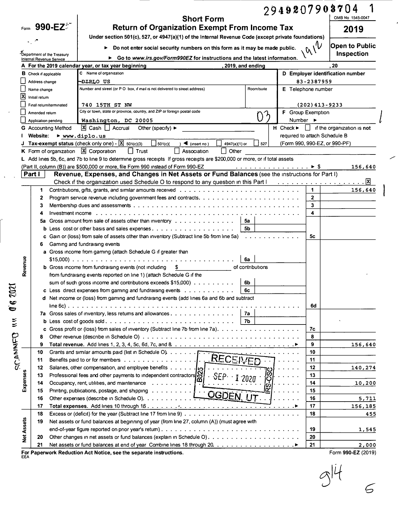 Image of first page of 2019 Form 990EZ for Diplo Us