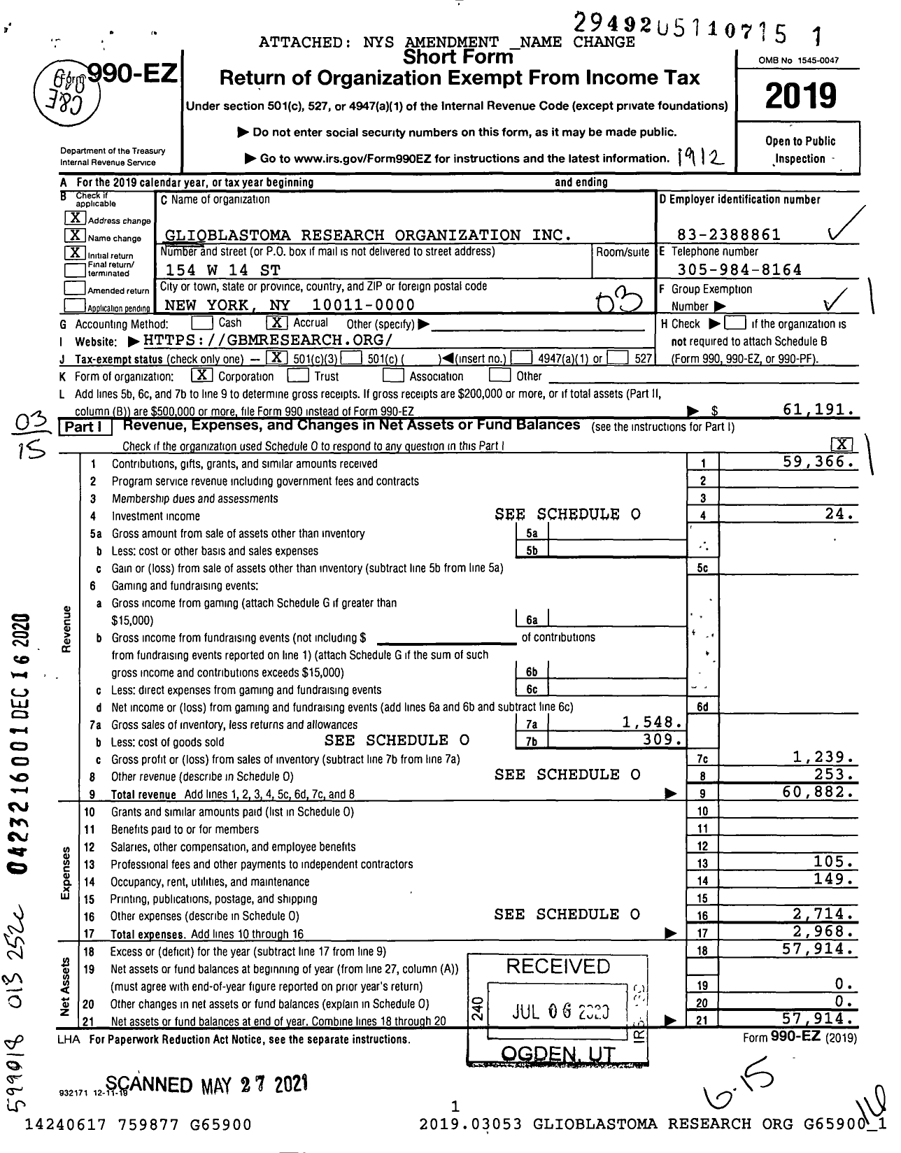 Image of first page of 2019 Form 990EZ for Glioblastoma Research Organization