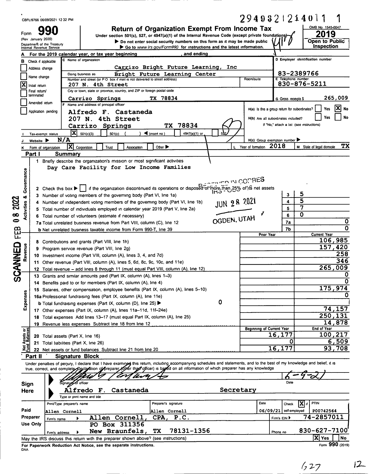 Image of first page of 2019 Form 990 for Bright Future Learning Center