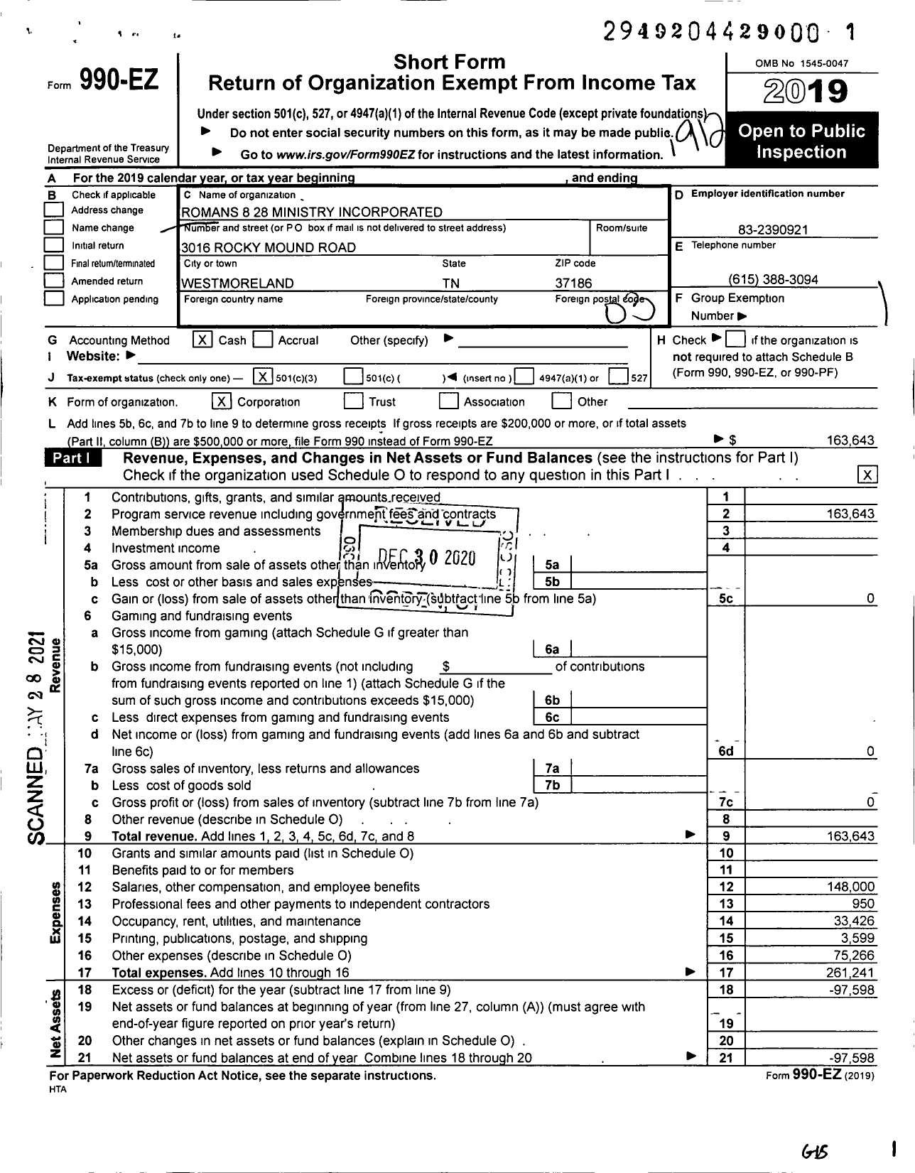 Image of first page of 2019 Form 990EZ for Romans 8 28 Ministry