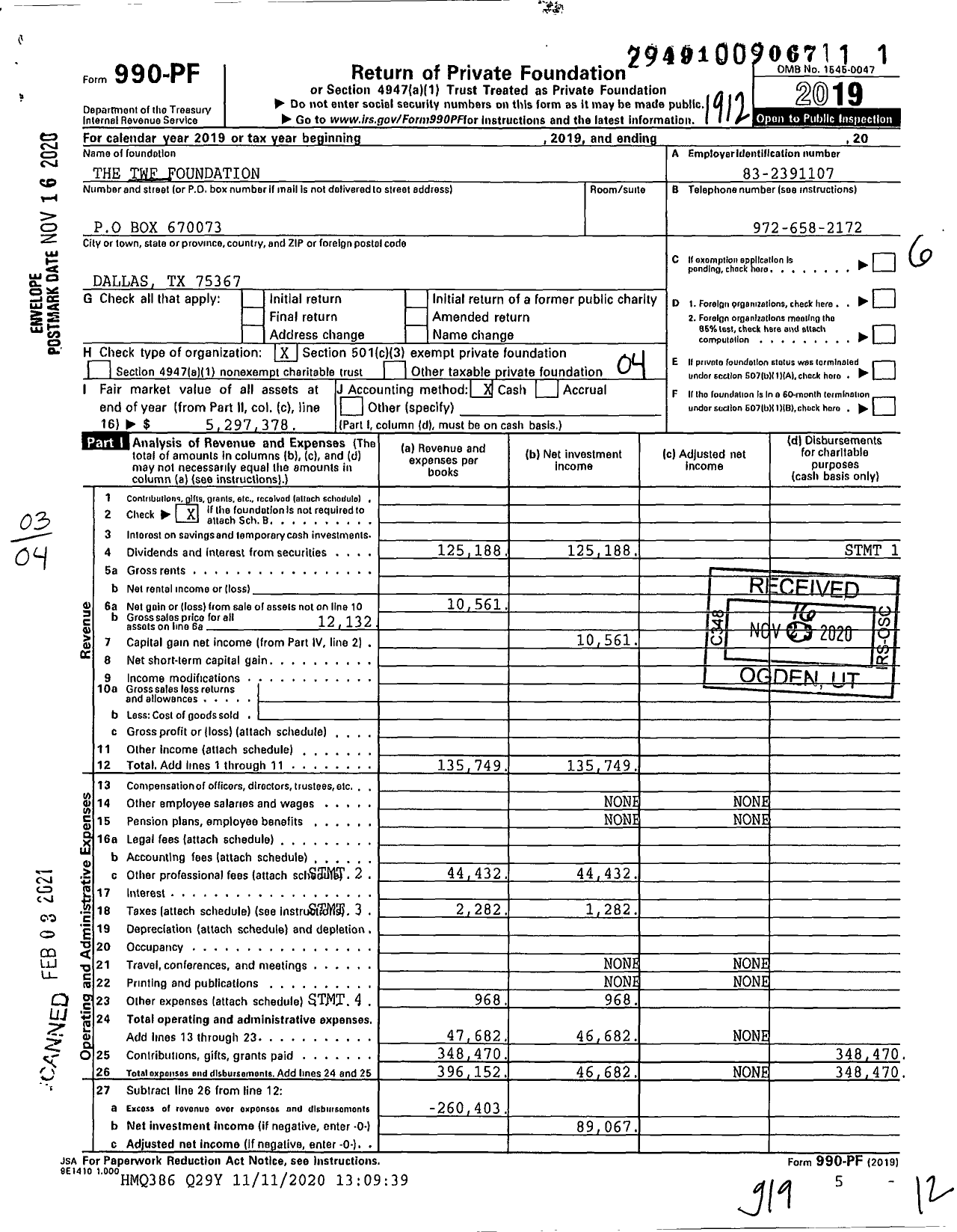 Image of first page of 2019 Form 990PF for The TWF Foundation