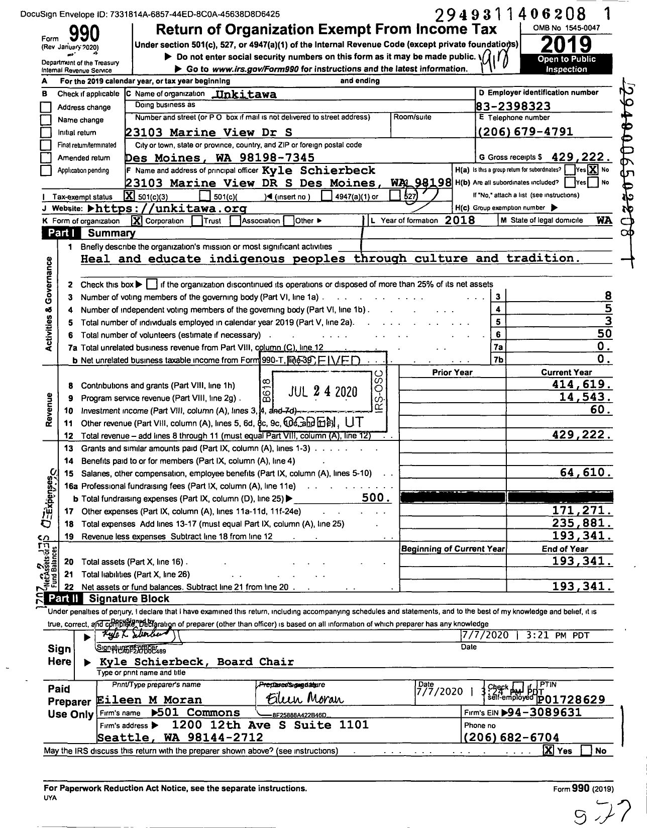 Image of first page of 2019 Form 990 for Unkitawa