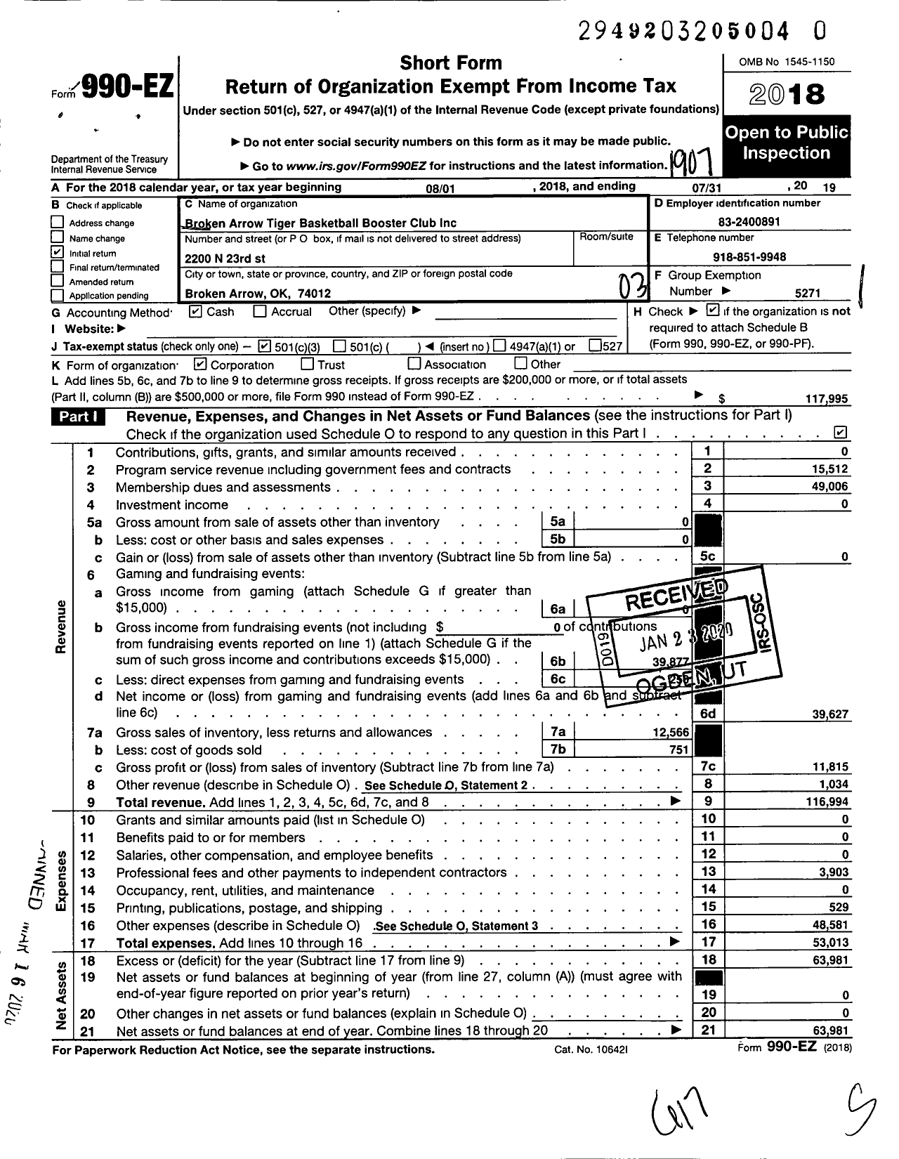 Image of first page of 2018 Form 990EZ for Broken Arrow Tiger Basketball Booster Club