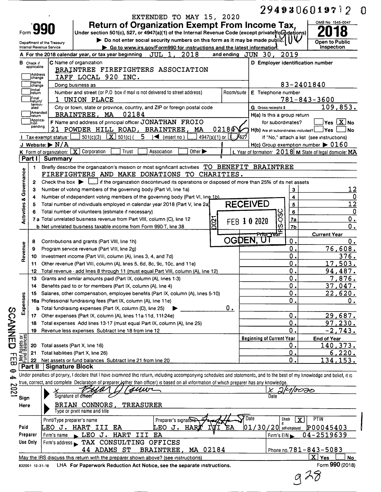 Image of first page of 2018 Form 990O for Braintree Firefighters Association Iaff Local 920