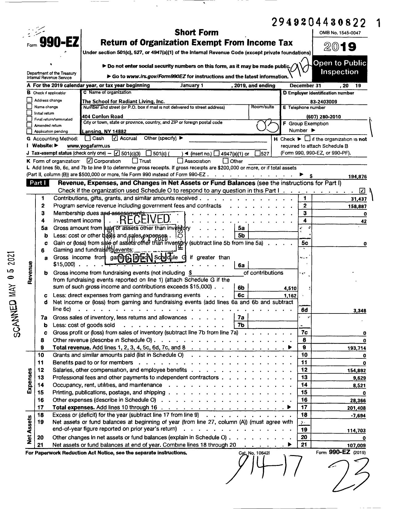 Image of first page of 2019 Form 990EZ for Yoga Farm Ithaca