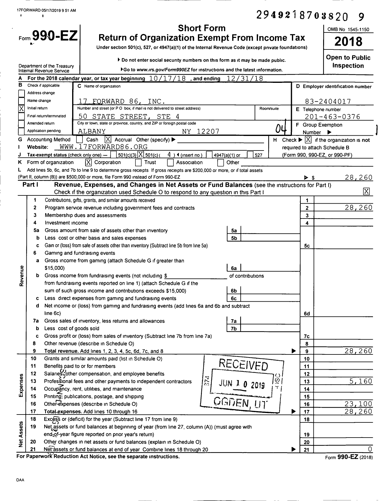 Image of first page of 2018 Form 990EO for 17 Forward 86
