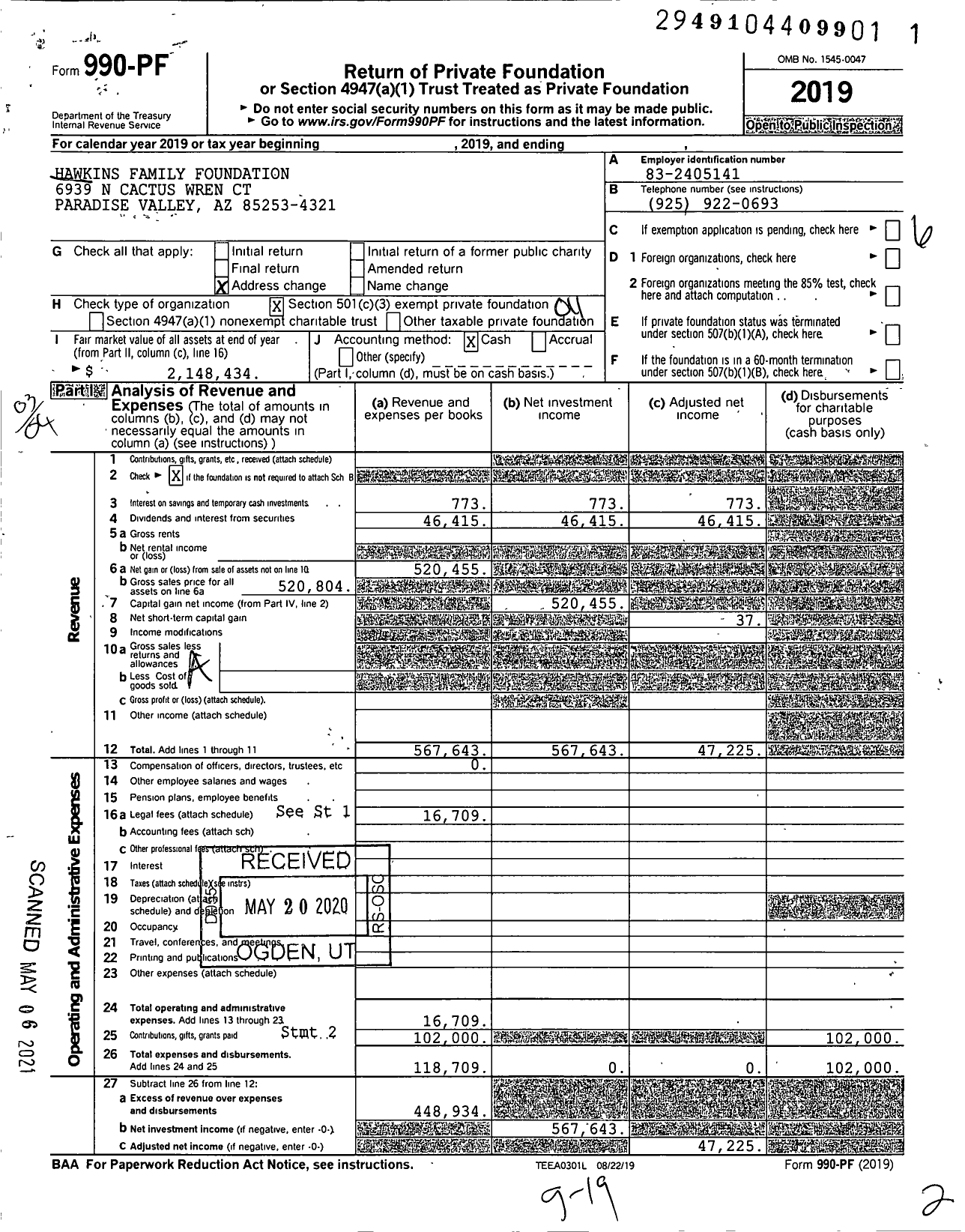 Image of first page of 2019 Form 990PF for Hawkins Family Foundation