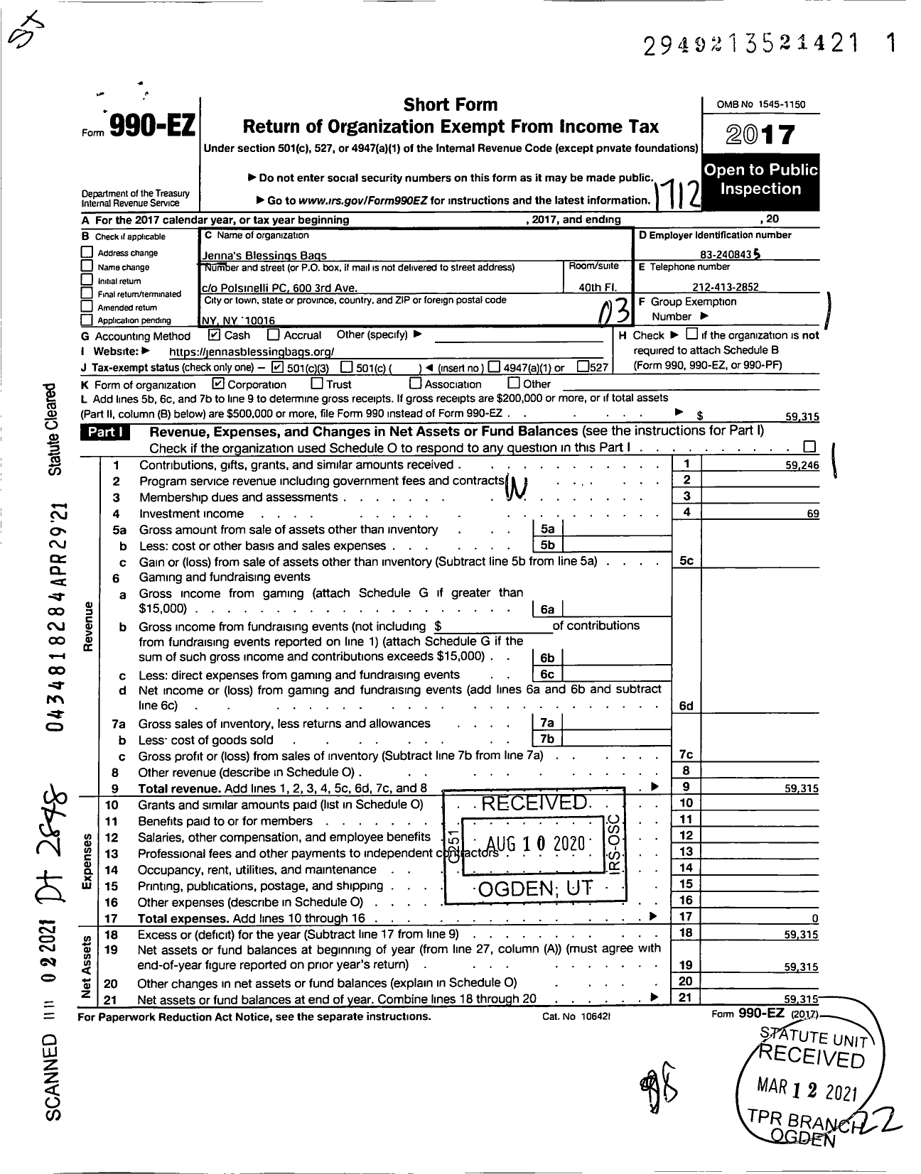 Image of first page of 2017 Form 990EZ for Jenna's Blessing Bags