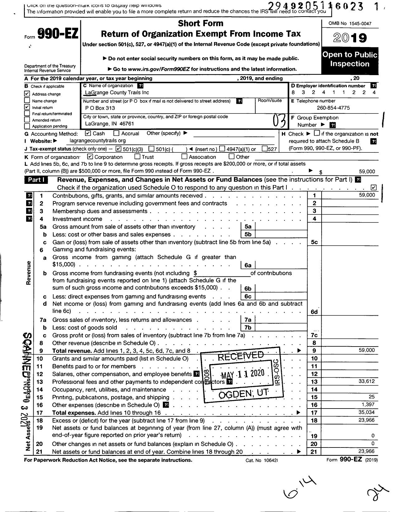 Image of first page of 2019 Form 990EZ for Lagrange County Trails