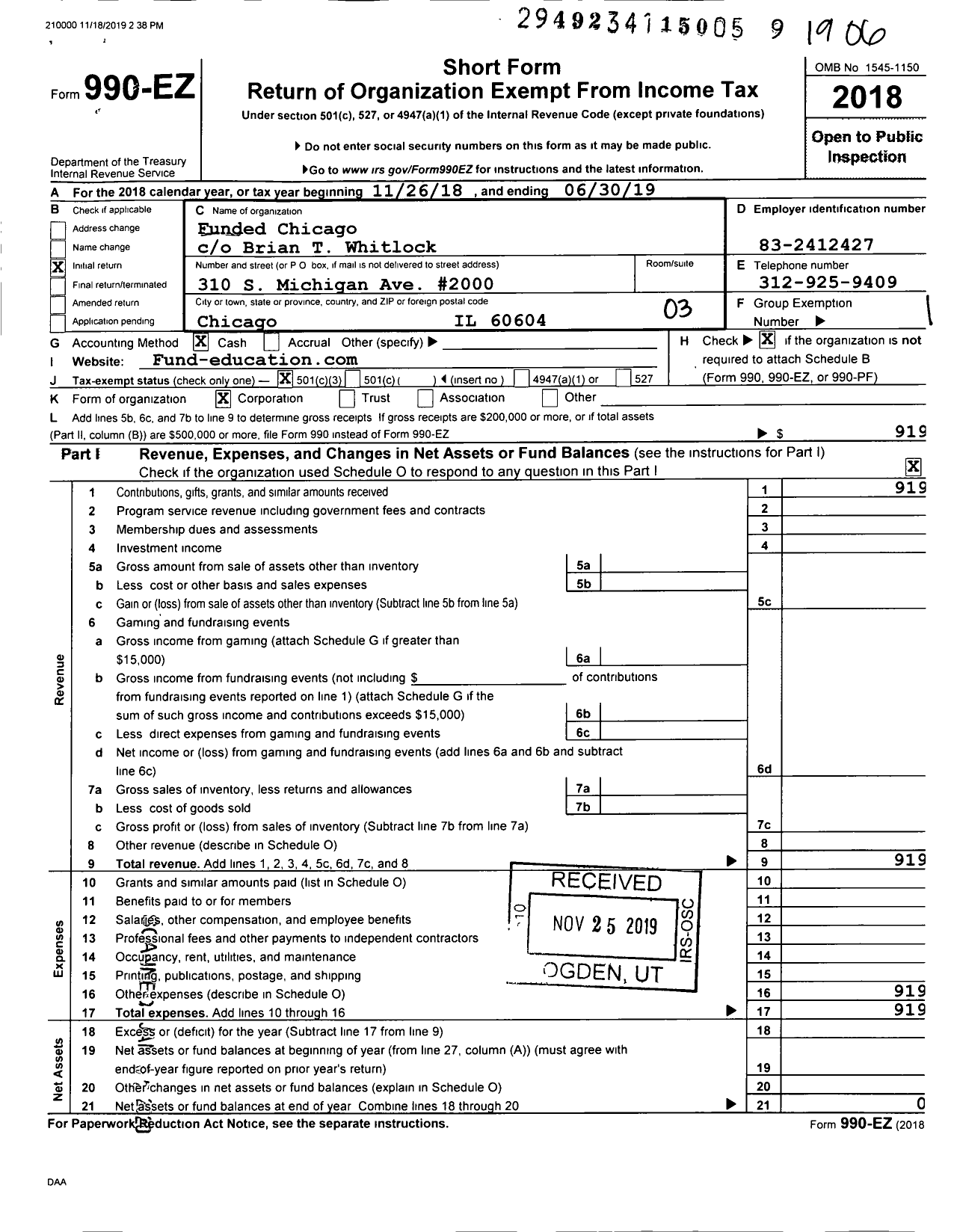 Image of first page of 2018 Form 990EZ for Fund Ed Chicago