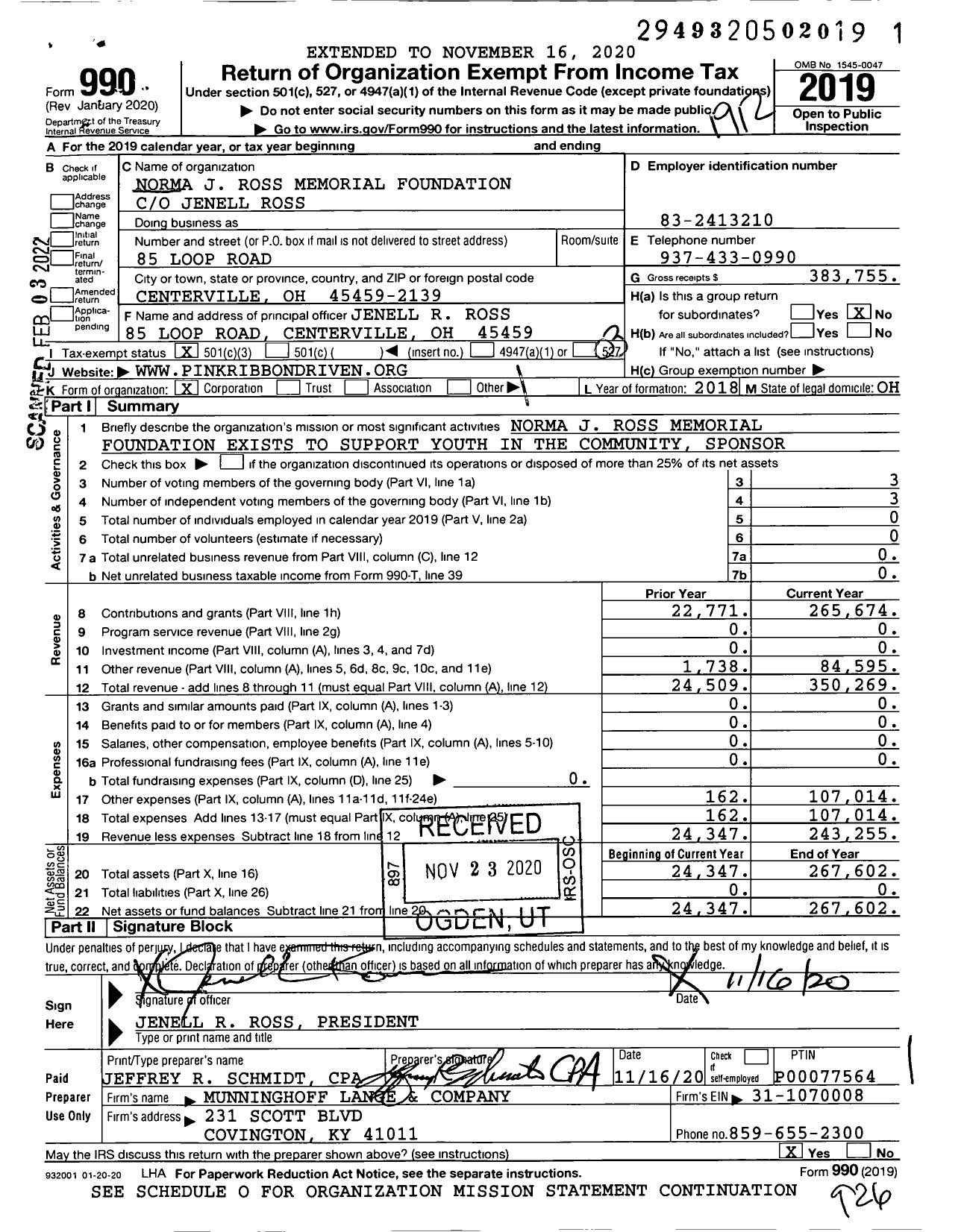 Image of first page of 2019 Form 990 for Norma J Ross Memorial Foundation