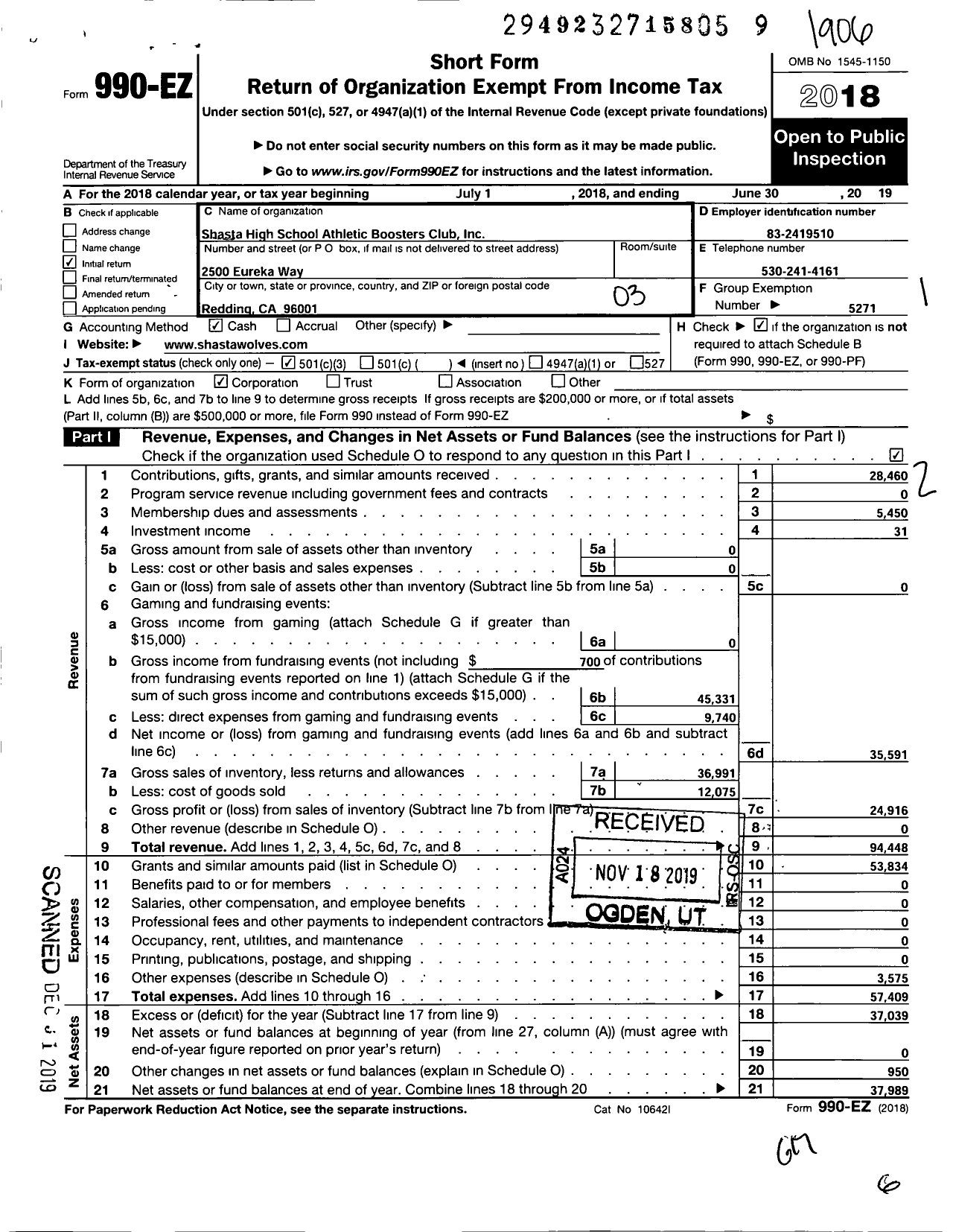 Image of first page of 2018 Form 990EZ for Shasta High School Athletic Boosters Club