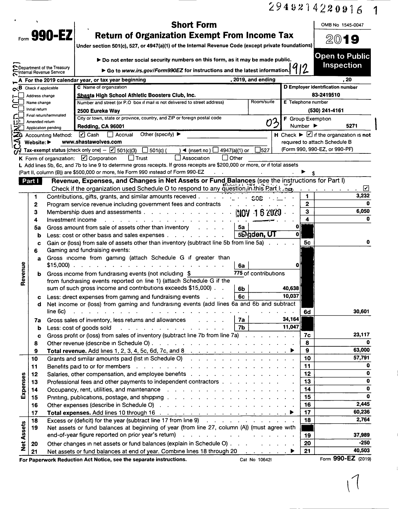 Image of first page of 2019 Form 990EZ for Shasta High School Athletic Boosters Club