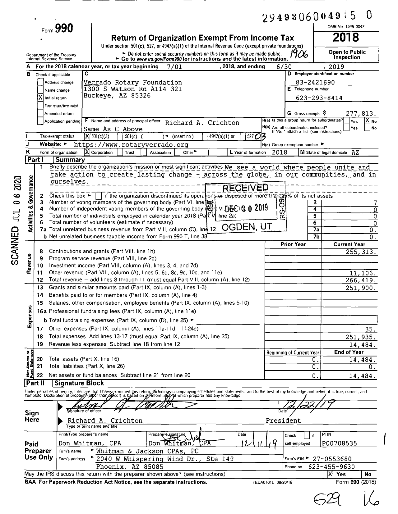 Image of first page of 2018 Form 990 for Verrado Rotary Foundation