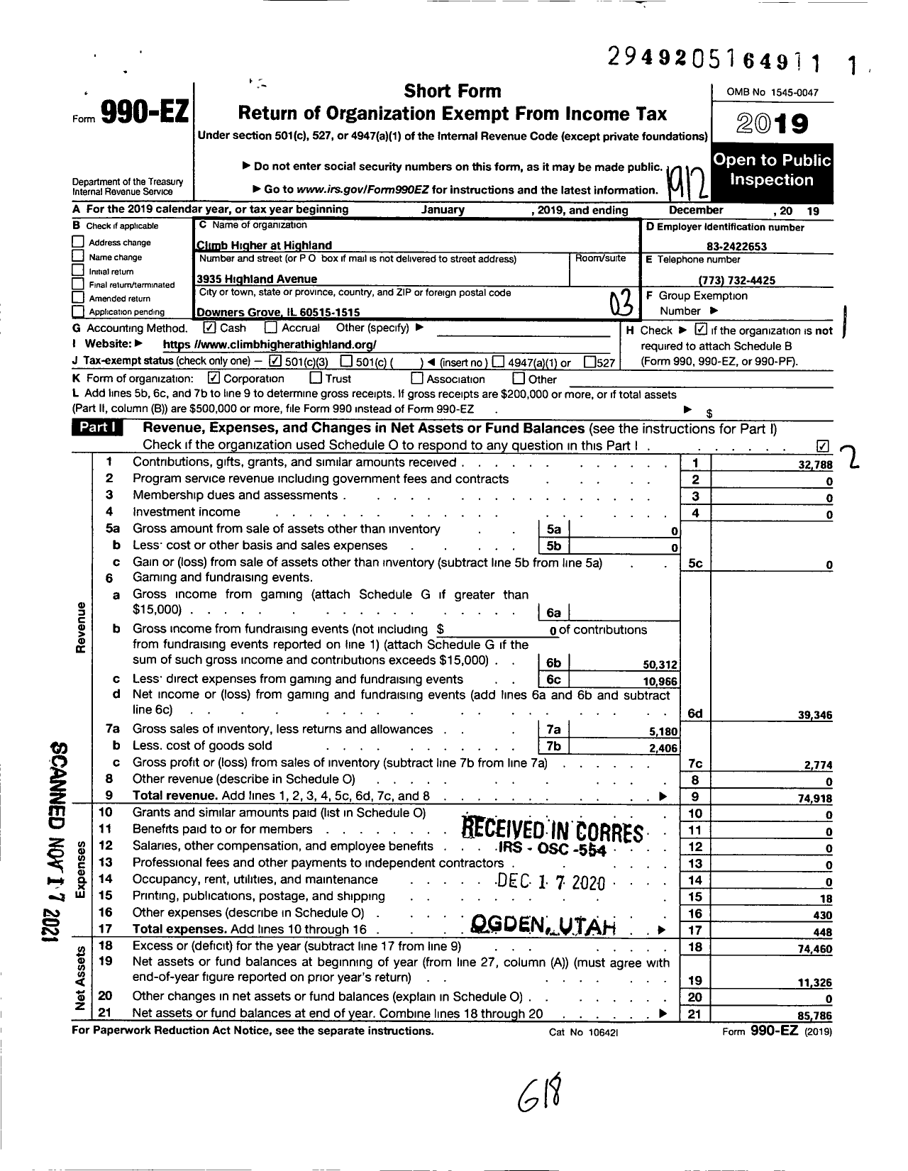 Image of first page of 2019 Form 990EZ for Climb Higher at Highland