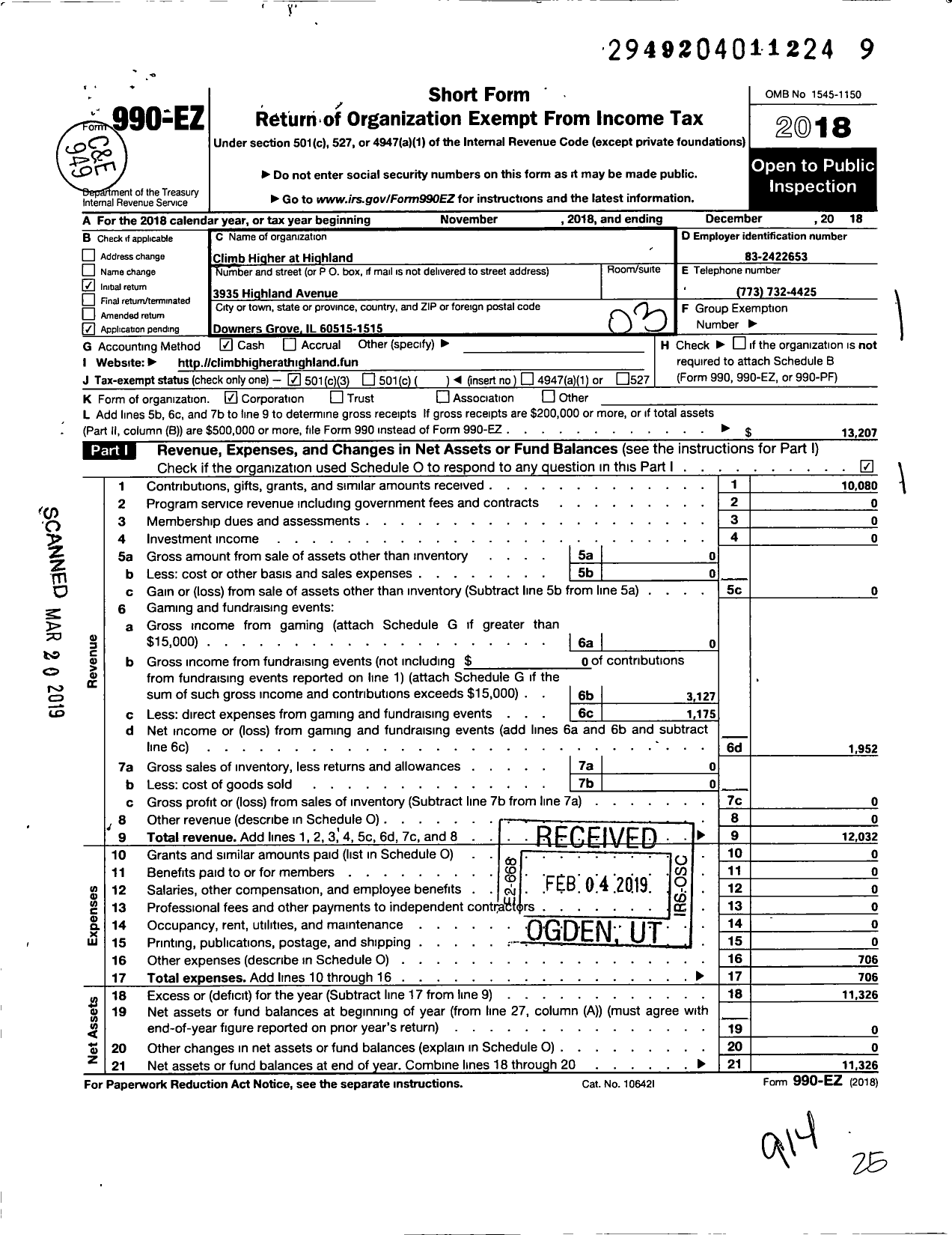 Image of first page of 2018 Form 990EZ for Climb Higher at Highland