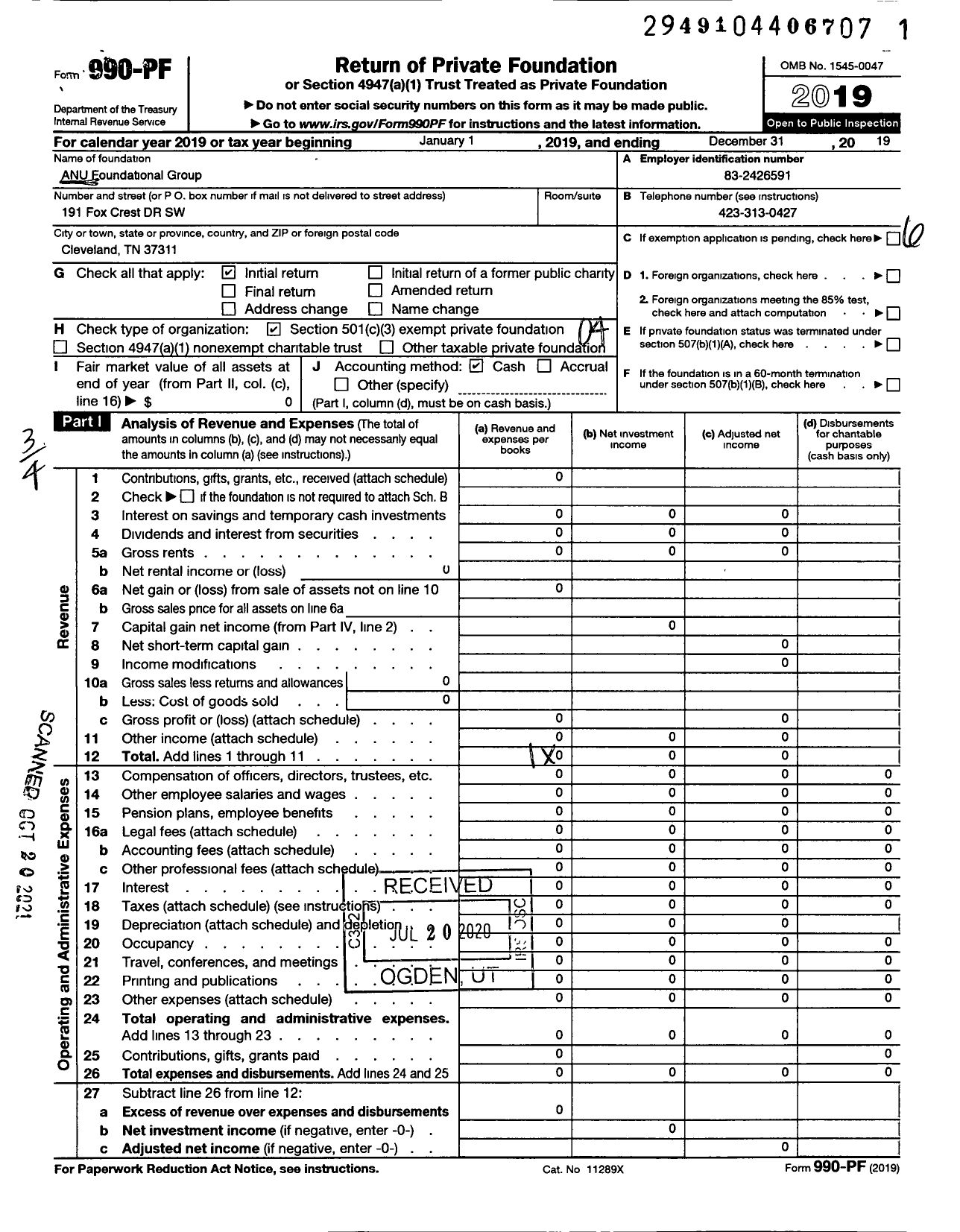Image of first page of 2019 Form 990PF for Anu Foundational Group