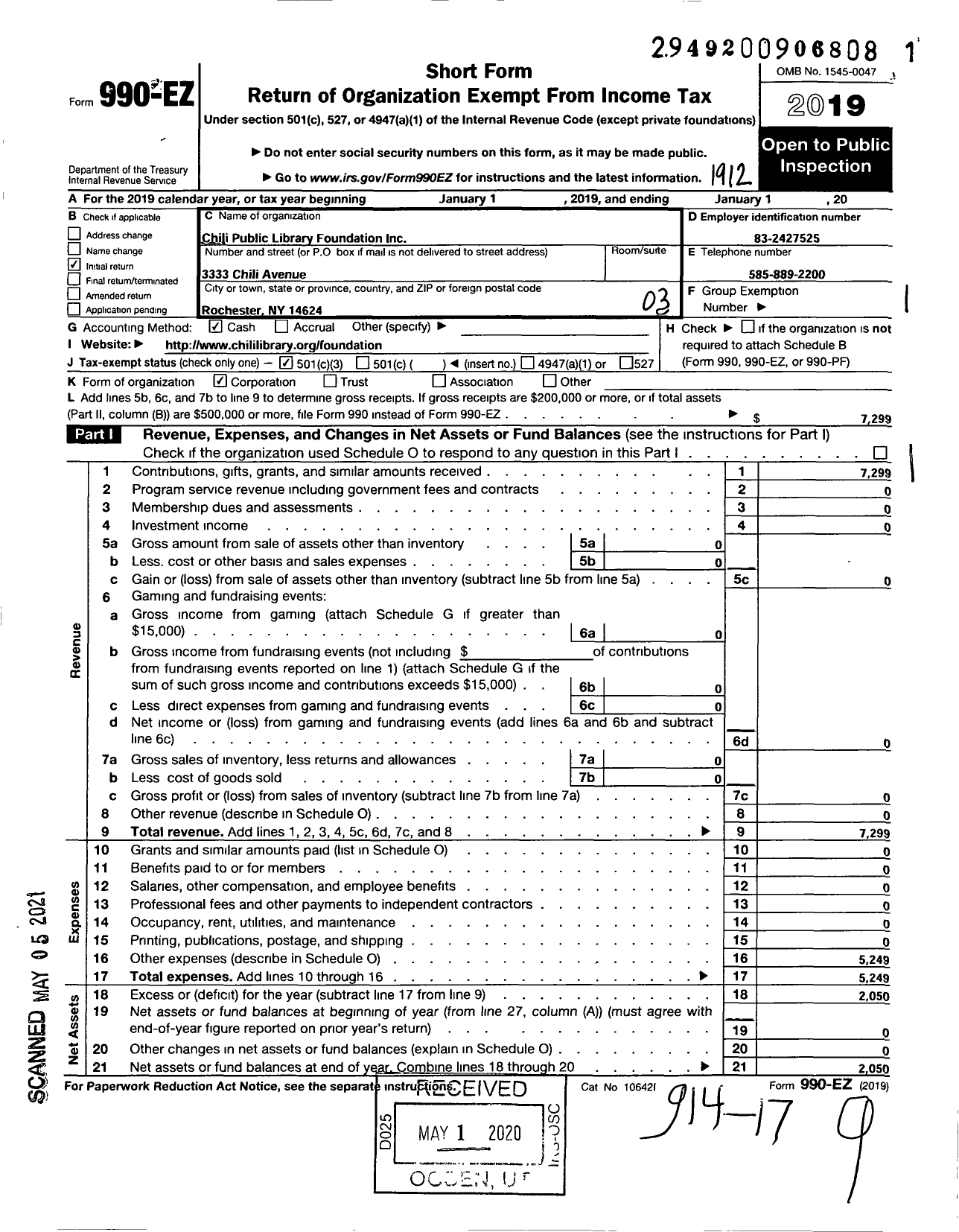 Image of first page of 2019 Form 990EZ for Chili Public Library Foundation