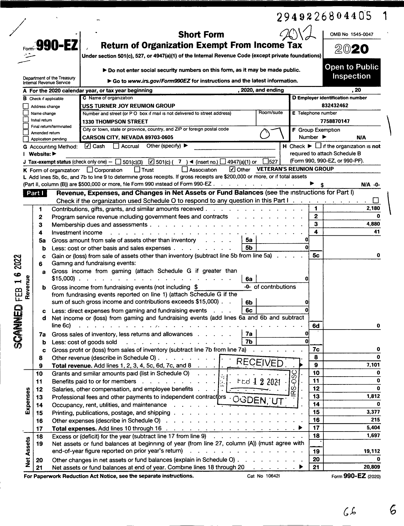 Image of first page of 2020 Form 990EO for Uss Turner Joy Reunion Group