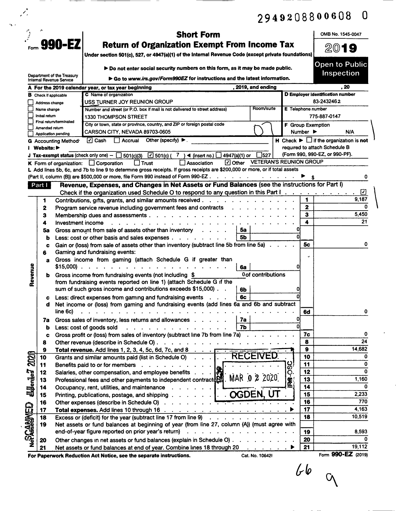 Image of first page of 2019 Form 990EO for Uss Turner Joy Reunion Group