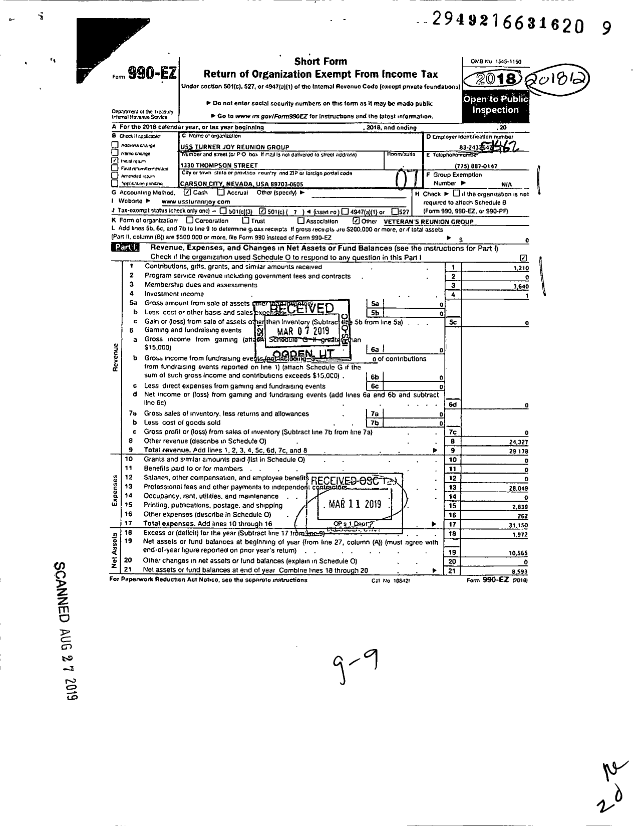 Image of first page of 2018 Form 990EO for Uss Turner Joy Reunion Group