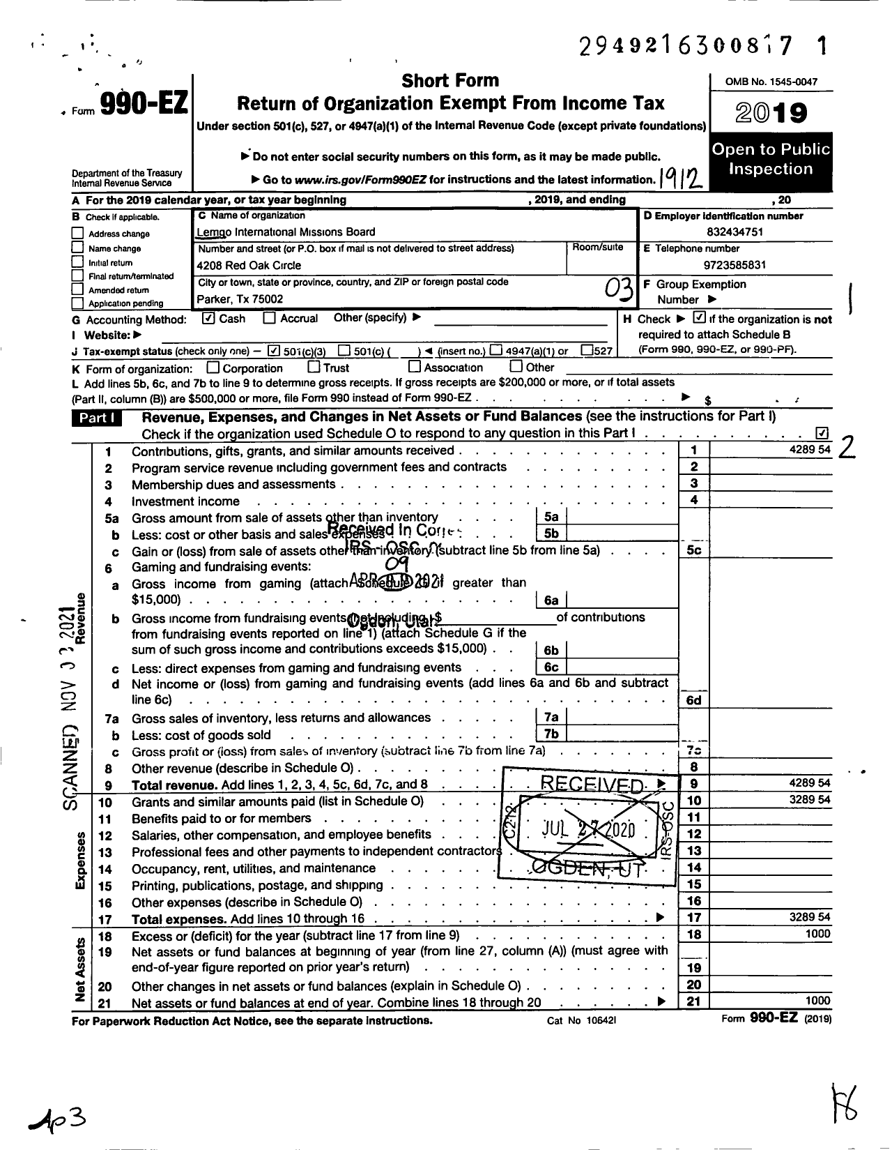 Image of first page of 2019 Form 990EZ for Lemgo International Missions Board