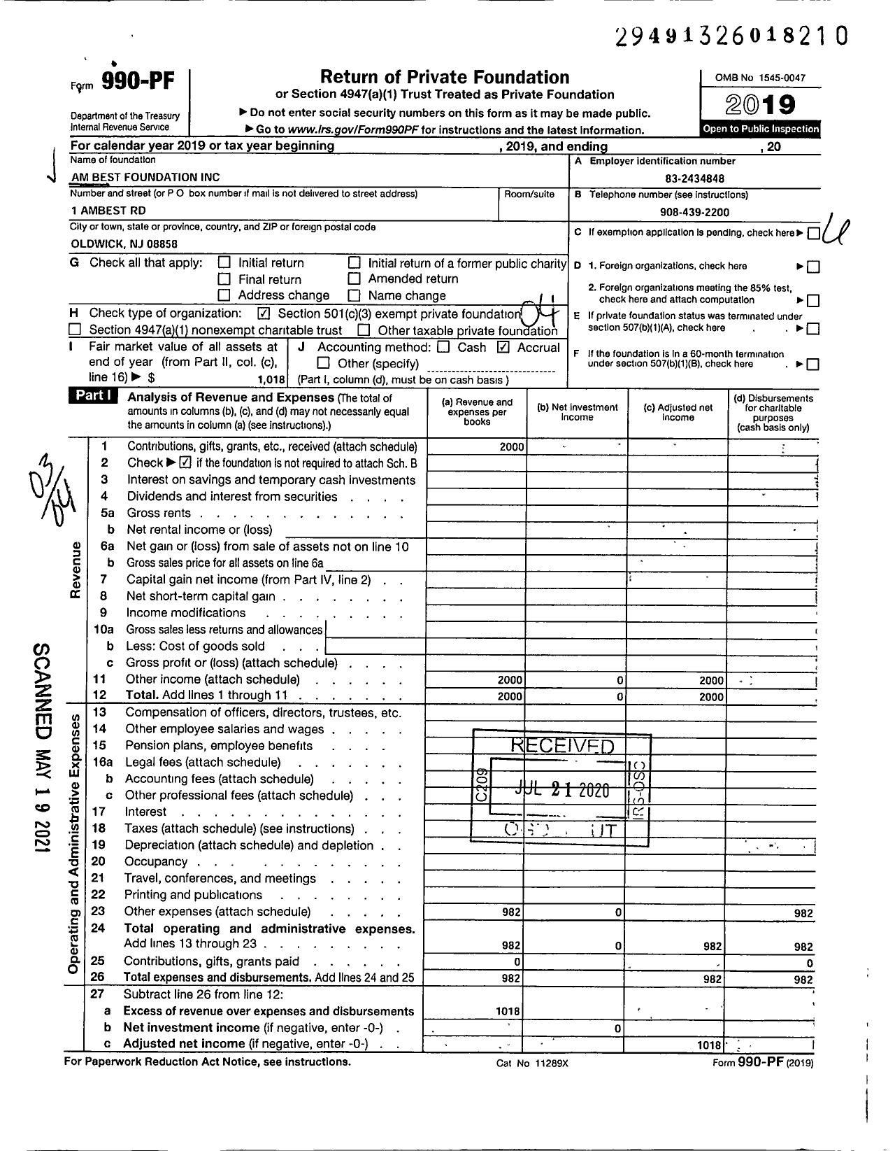 Image of first page of 2019 Form 990PF for AM Best Foundation