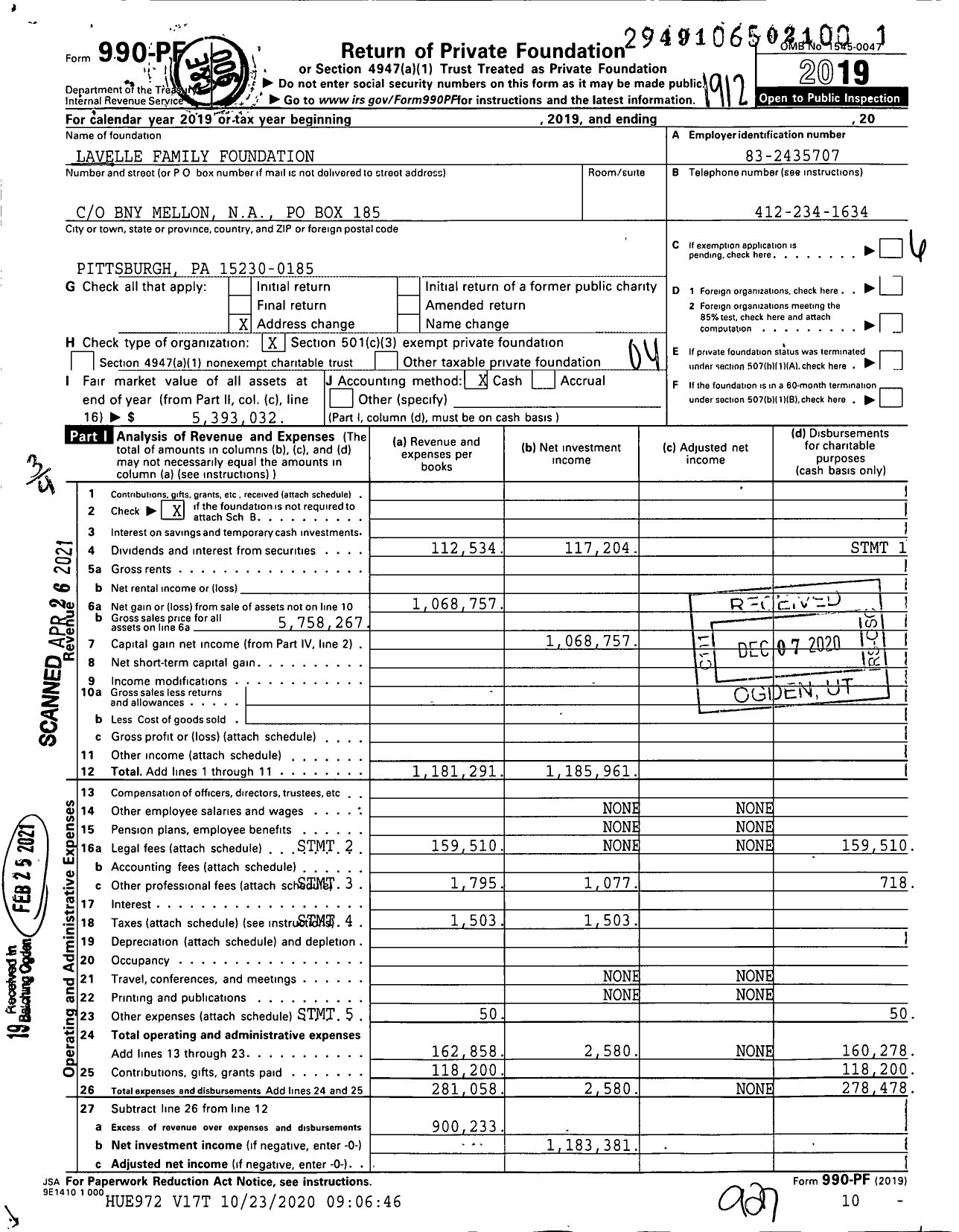 Image of first page of 2019 Form 990PF for Lavelle Family Foundation