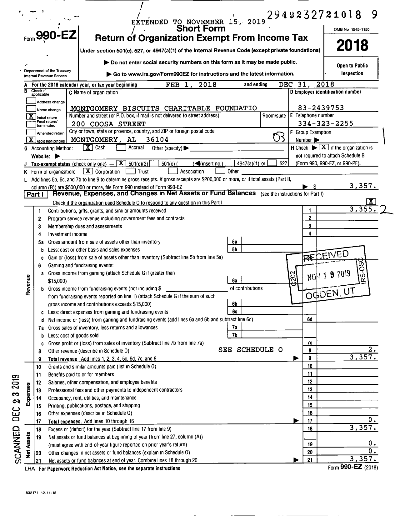 Image of first page of 2018 Form 990EZ for Montgomery Biscuits Charitable Foundation