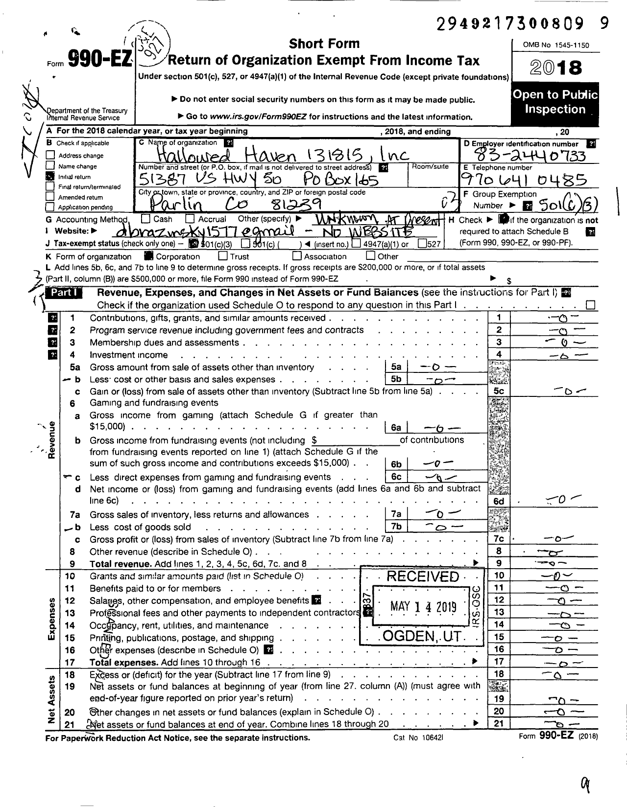 Image of first page of 2018 Form 990EZ for Hallowed Haven 131815
