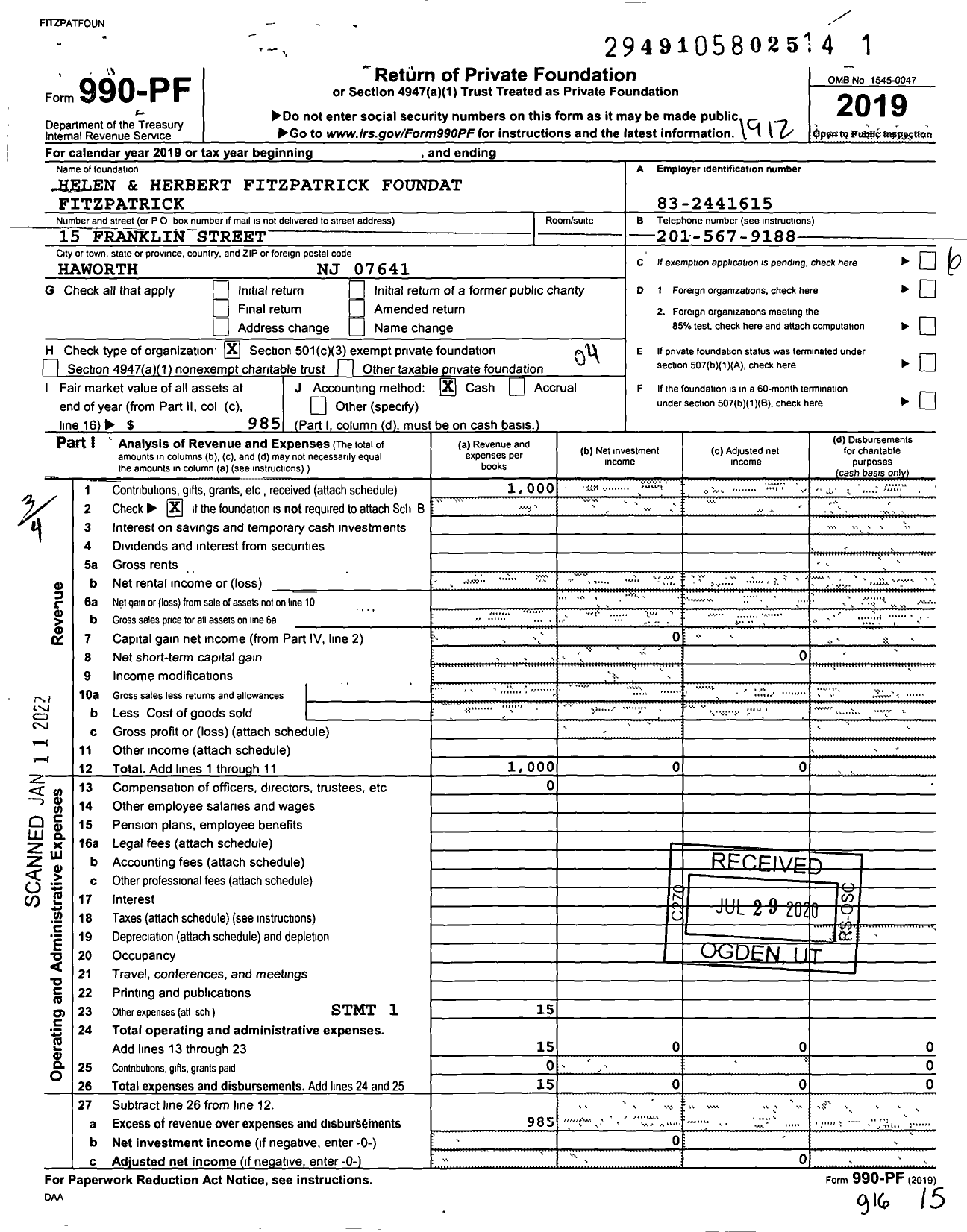 Image of first page of 2019 Form 990PF for Helen and Herbert Fitzpatrick Foundat Fitzpatrick