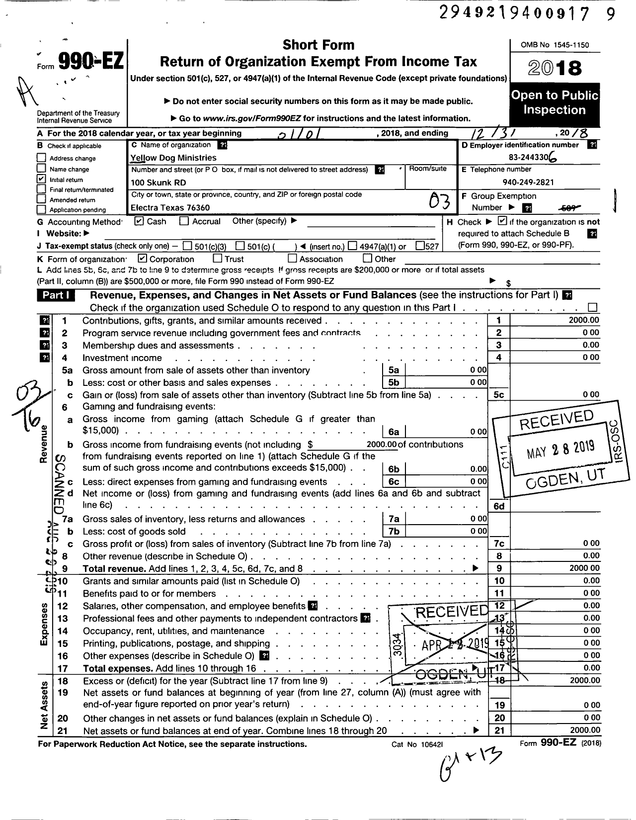 Image of first page of 2018 Form 990EZ for Yellow Dog Ministries