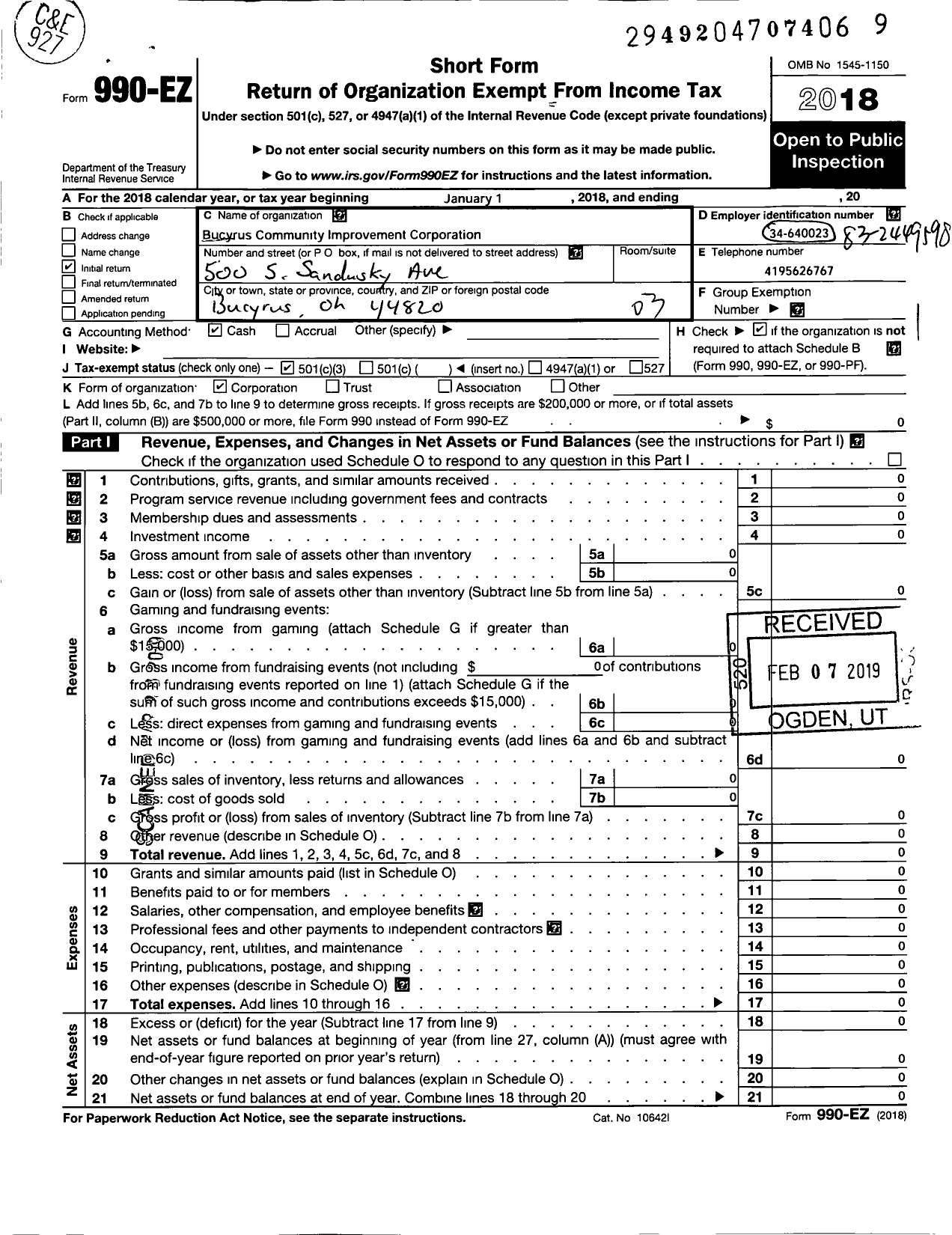 Image of first page of 2018 Form 990EZ for Bucyrus Community Improvement Corporation