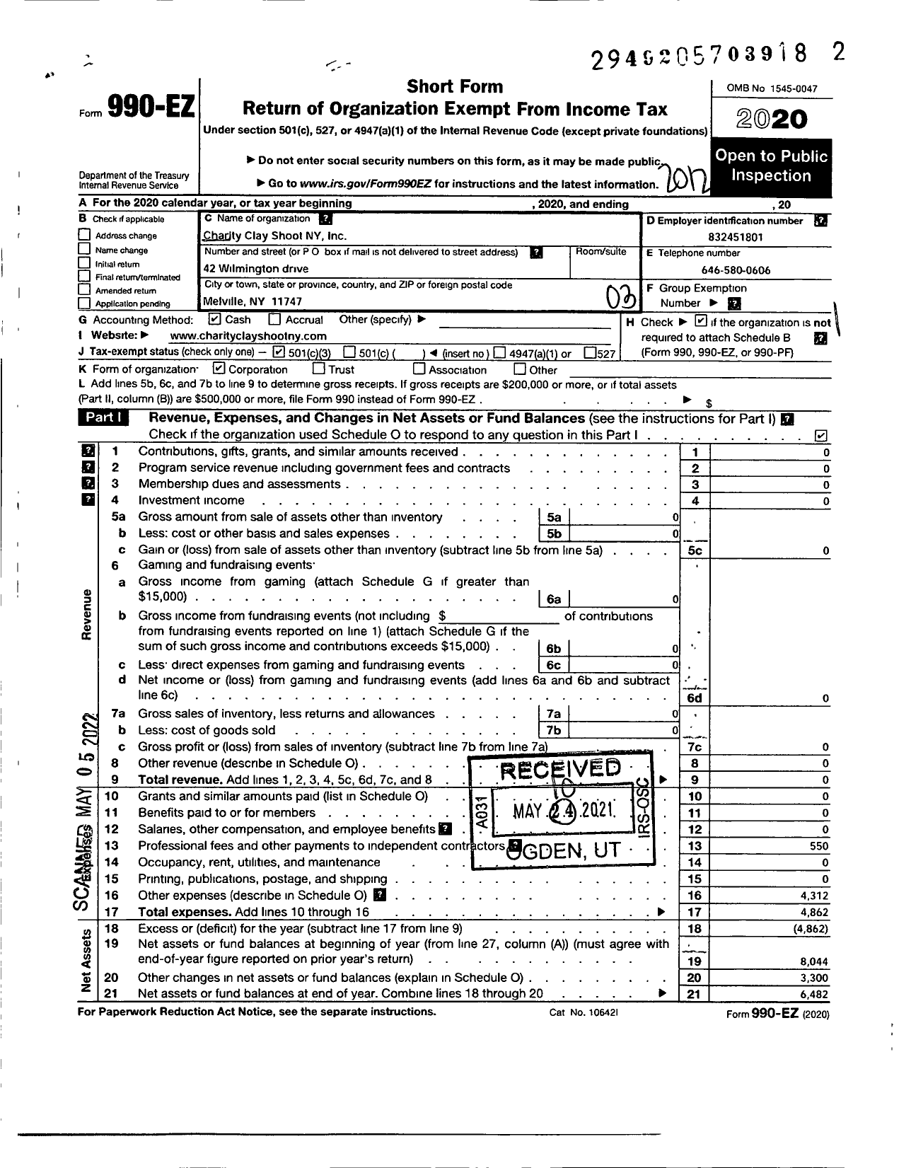 Image of first page of 2020 Form 990EZ for Charity Clay Shoot Ny