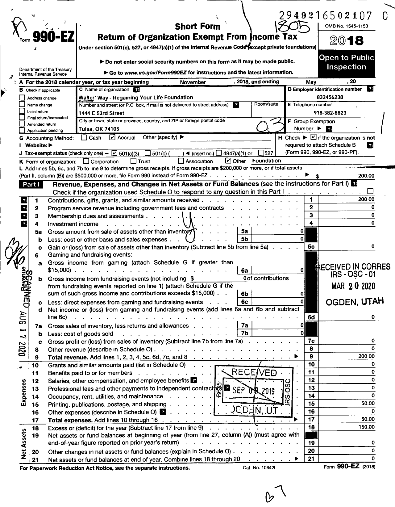 Image of first page of 2017 Form 990EZ for Walters Way-Regaining Your Life Foundation