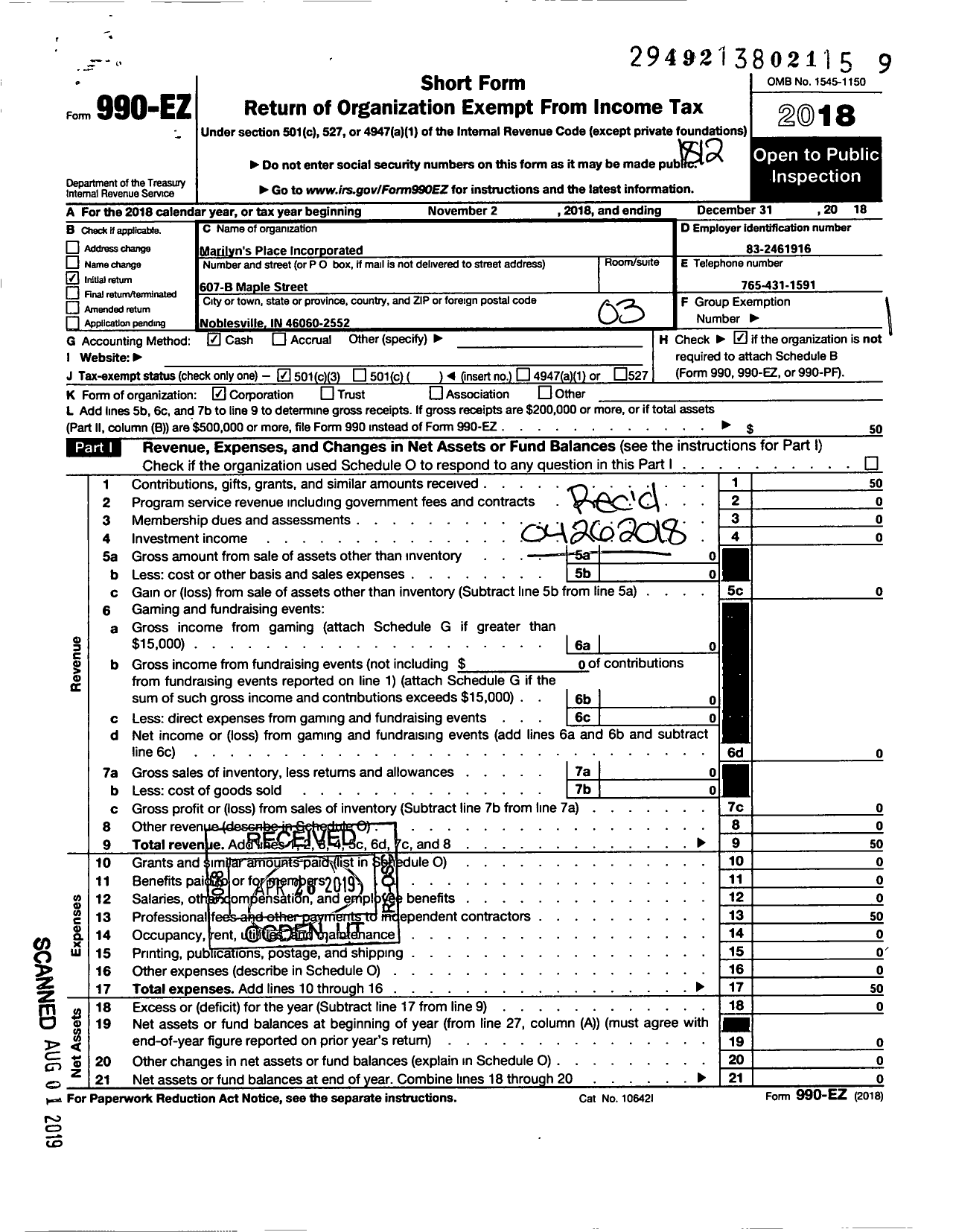 Image of first page of 2018 Form 990EZ for Marilyns Place Incorporated