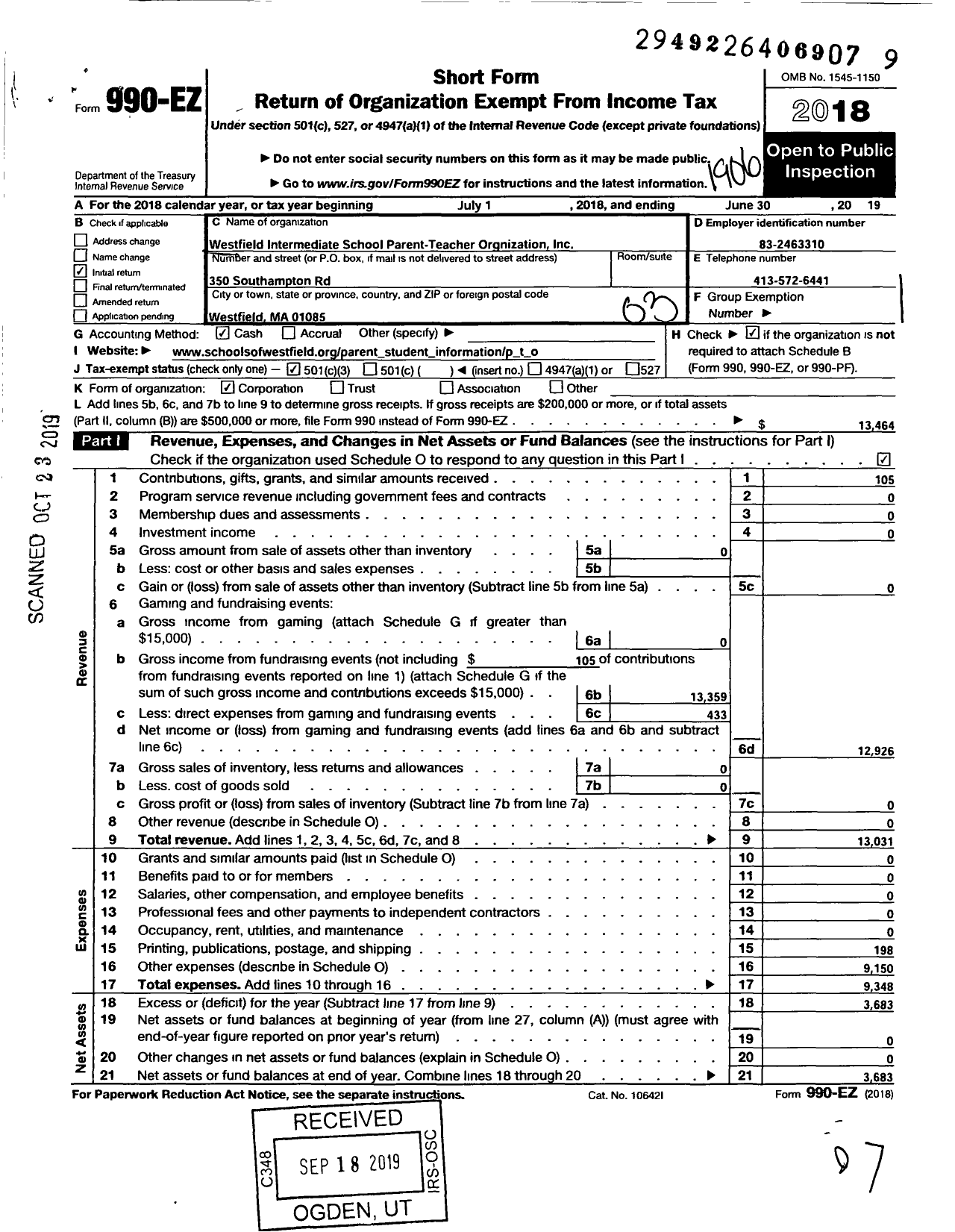 Image of first page of 2018 Form 990EZ for Westfield Intermediate School Pto