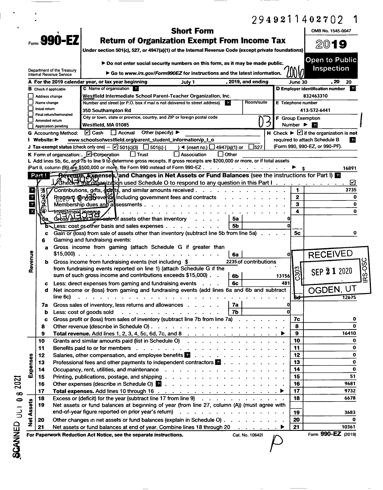 Image of first page of 2019 Form 990EZ for Westfield Intermediate School Pto