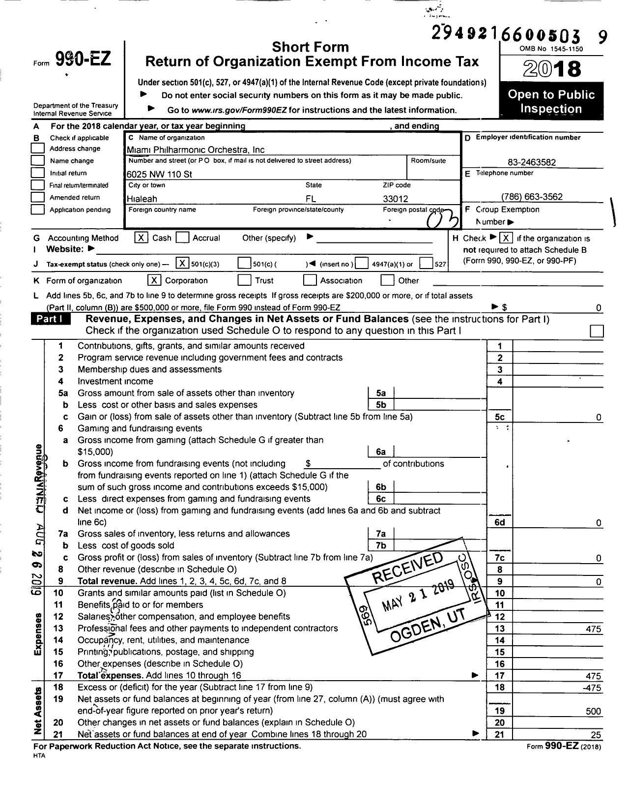 Image of first page of 2018 Form 990EZ for Miami Philharmonic Orchestra