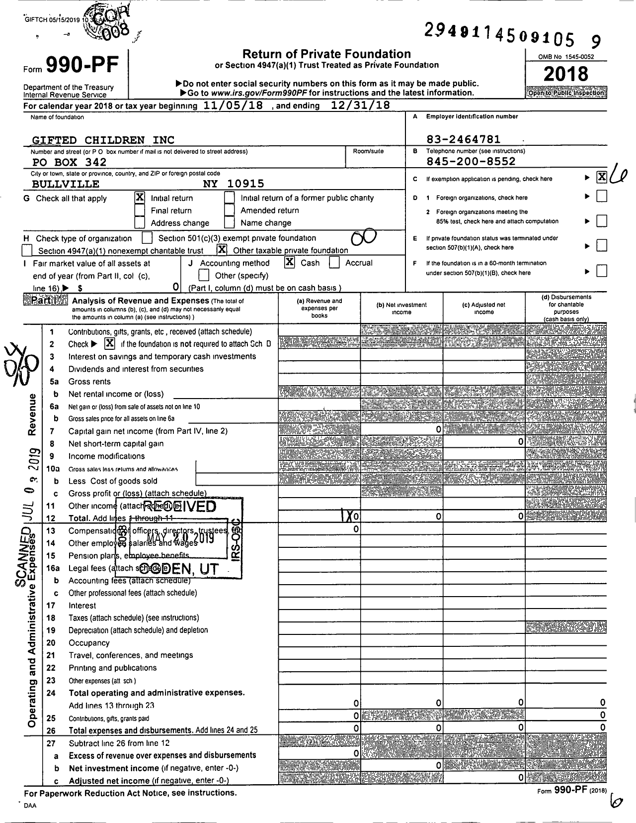 Image of first page of 2018 Form 990PF for Gifted Children
