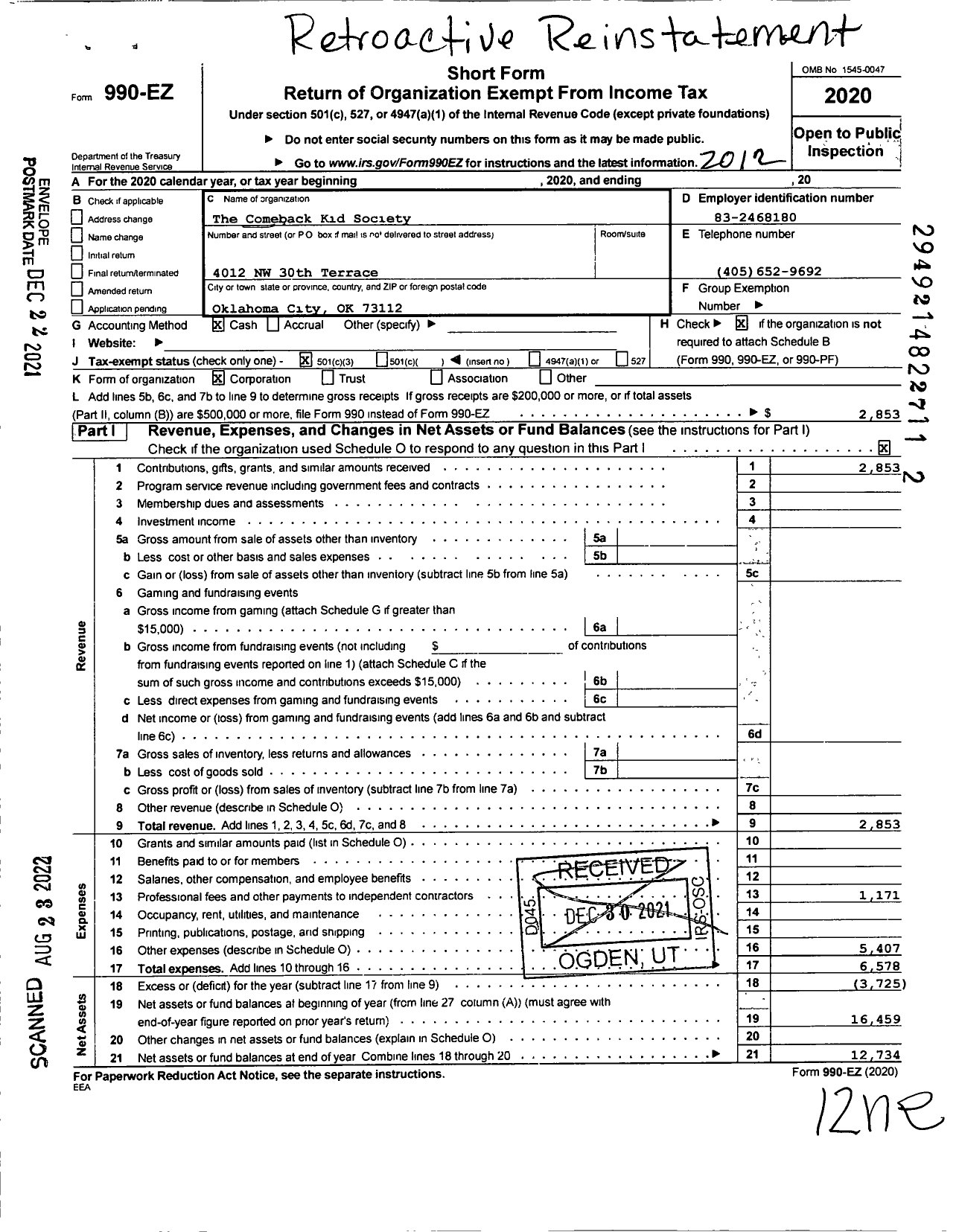 Image of first page of 2020 Form 990EZ for The Comeback Kid Society