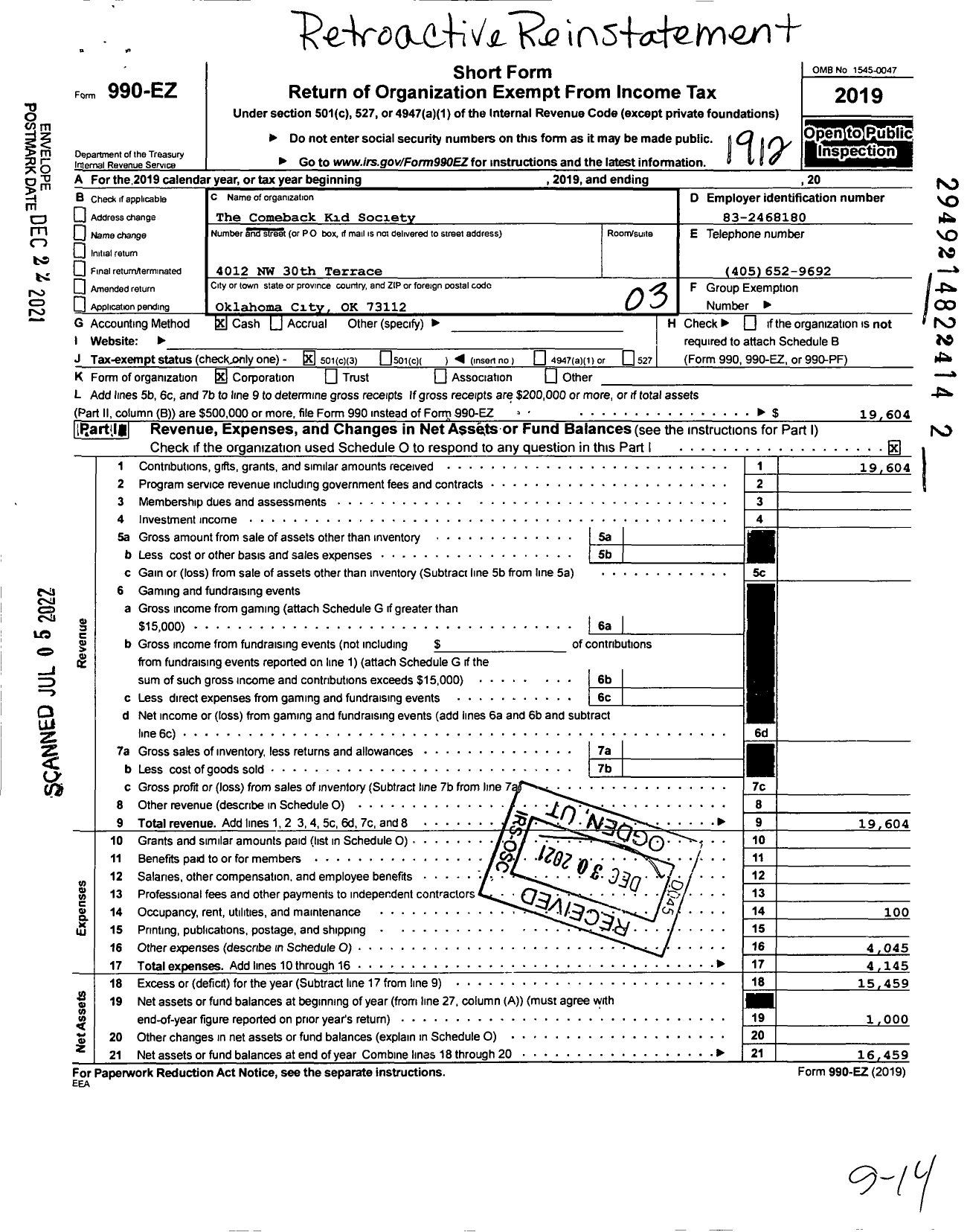 Image of first page of 2019 Form 990EZ for The Comeback Kid Society