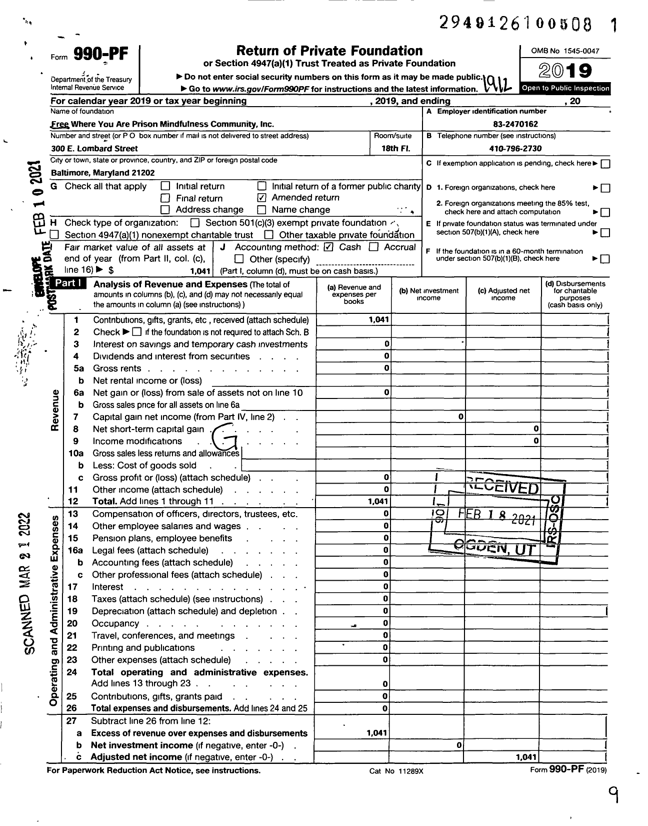 Image of first page of 2019 Form 990PF for Free Where You Are Prison Mindfulness Community