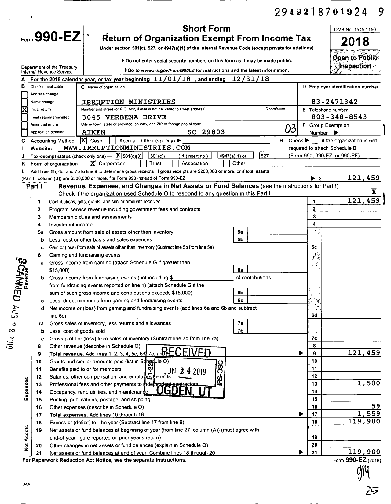 Image of first page of 2018 Form 990EZ for Irruption Ministries