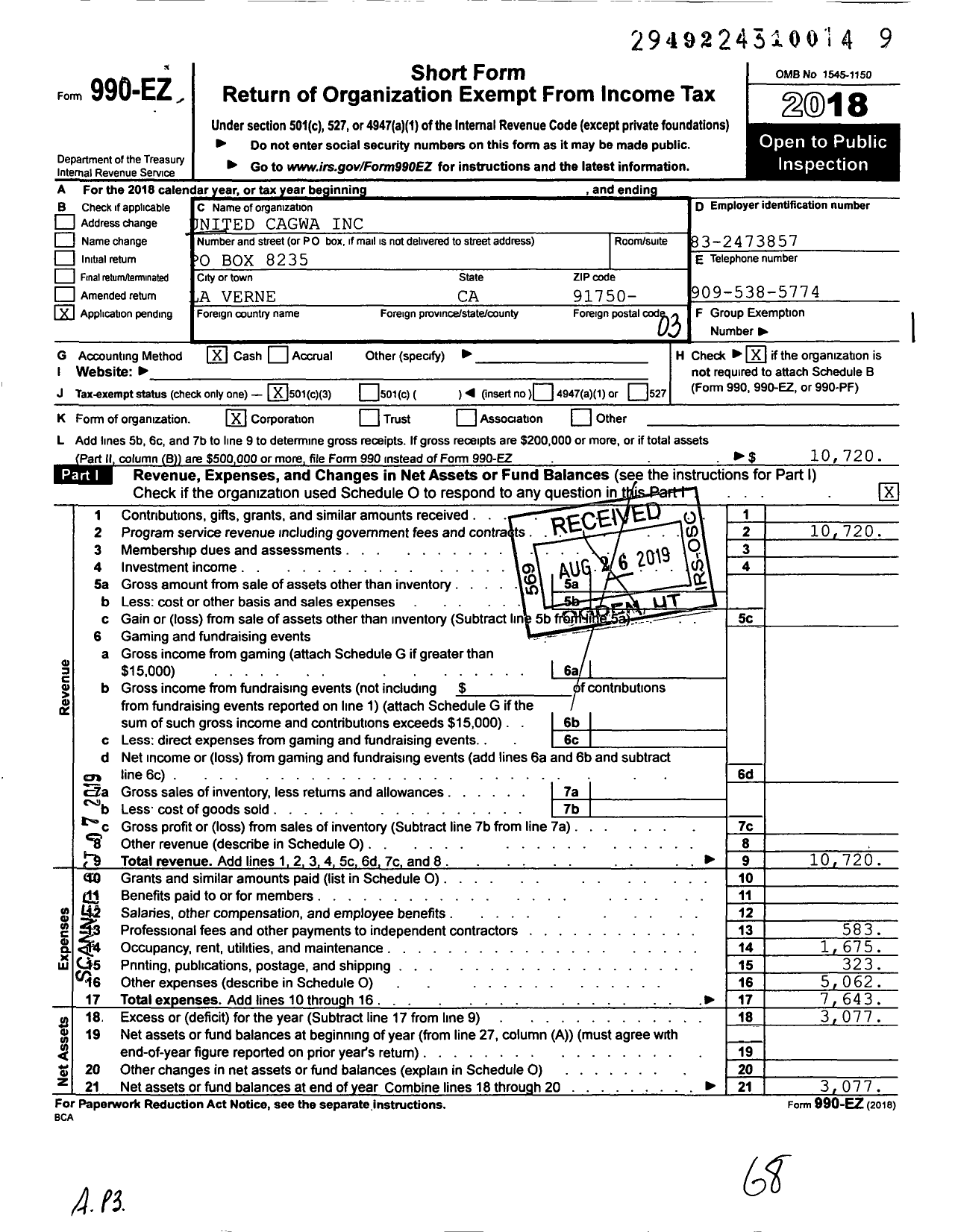 Image of first page of 2018 Form 990EZ for United Cagwa