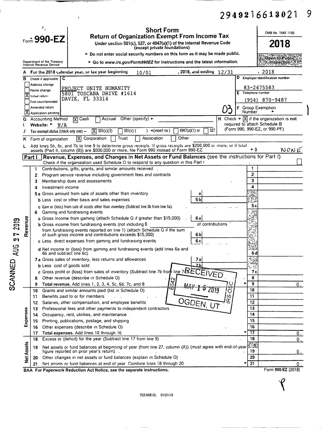 Image of first page of 2018 Form 990EZ for Project Unite Humanity