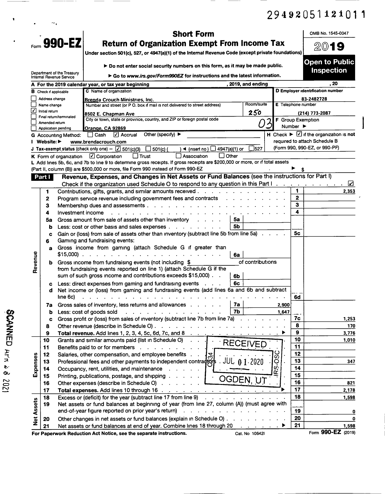 Image of first page of 2019 Form 990EZ for Brenda Crouch Ministries