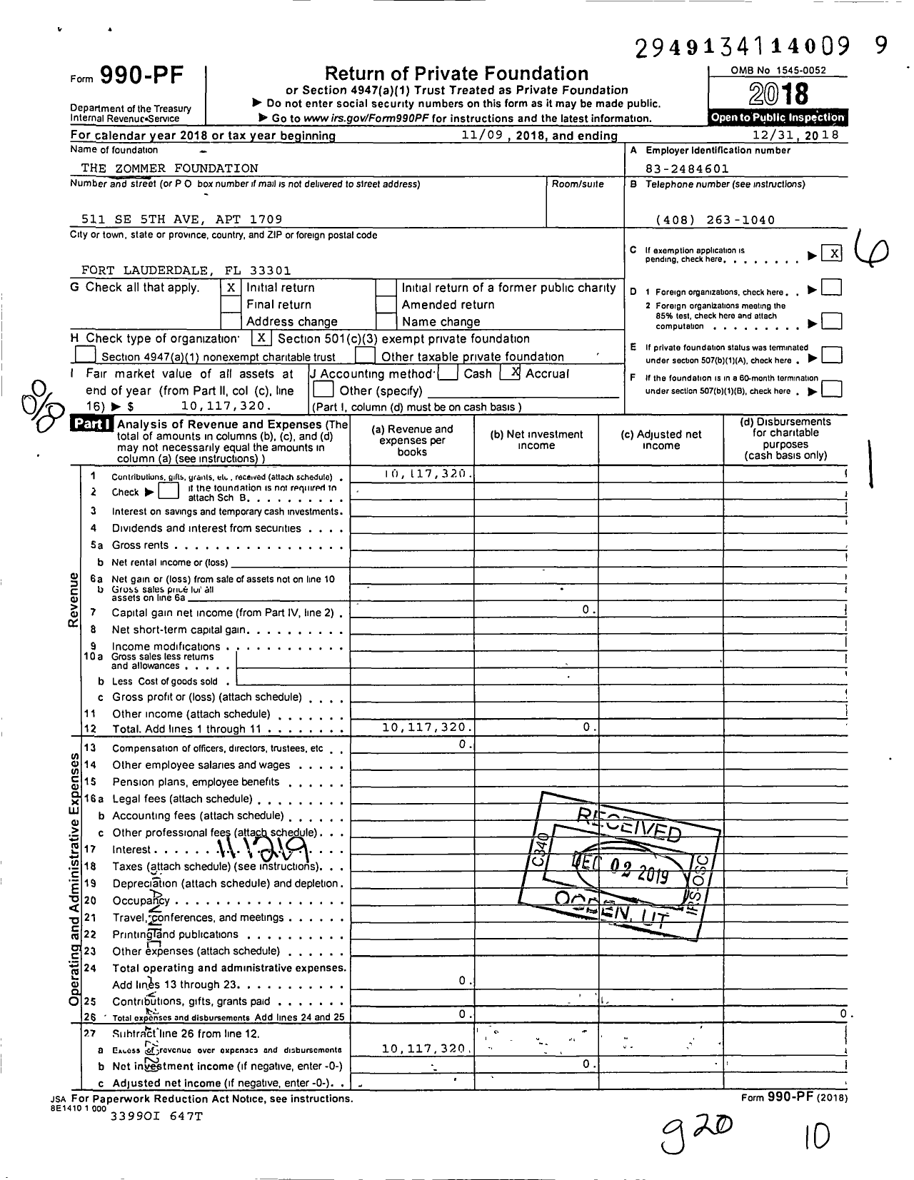 Image of first page of 2018 Form 990PF for The Zommer Foundation